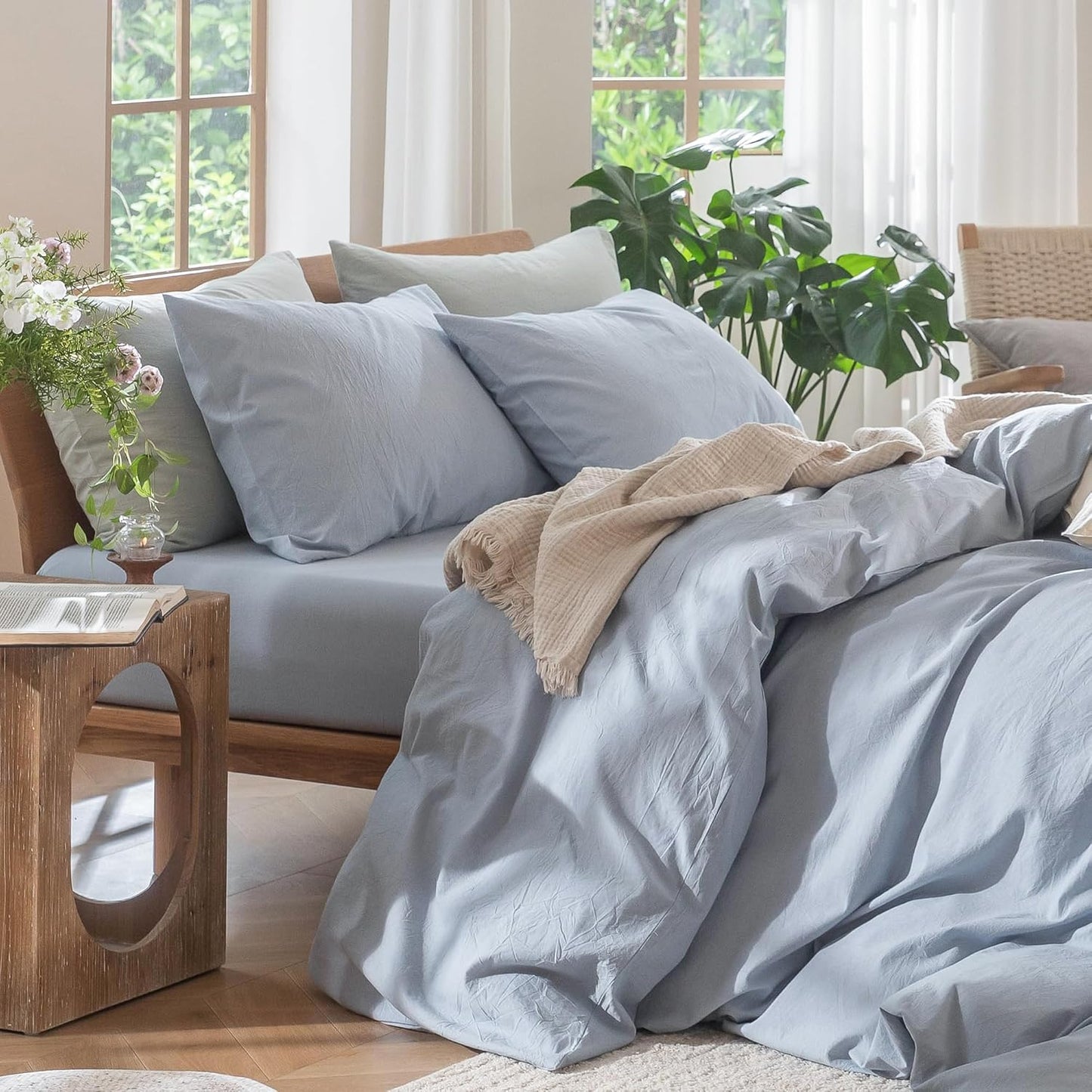 MooMee Bedding Duvet Cover Set 100% Washed Cotton Linen Like Textured Breathable Durable Soft Comfy (Heathered Cornflower Blue, Super Queen 90"x98")