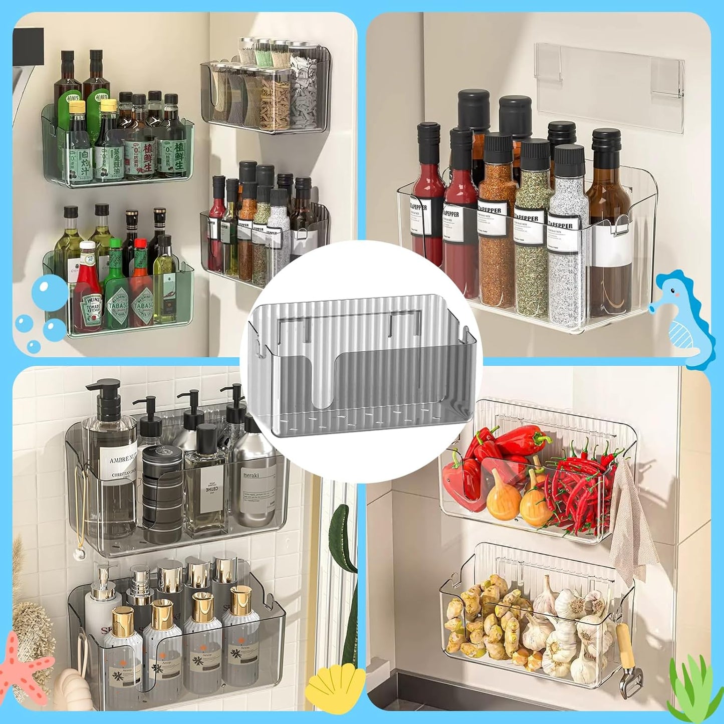 2-Pack Clear Bath Toy Storage Holder Organizer, Large Capacity Durable Plastic Bathtub Shower Caddy with Drain Holes, Quick-Dry Drainable Easy Install(Transparent Gray 2-Pack)