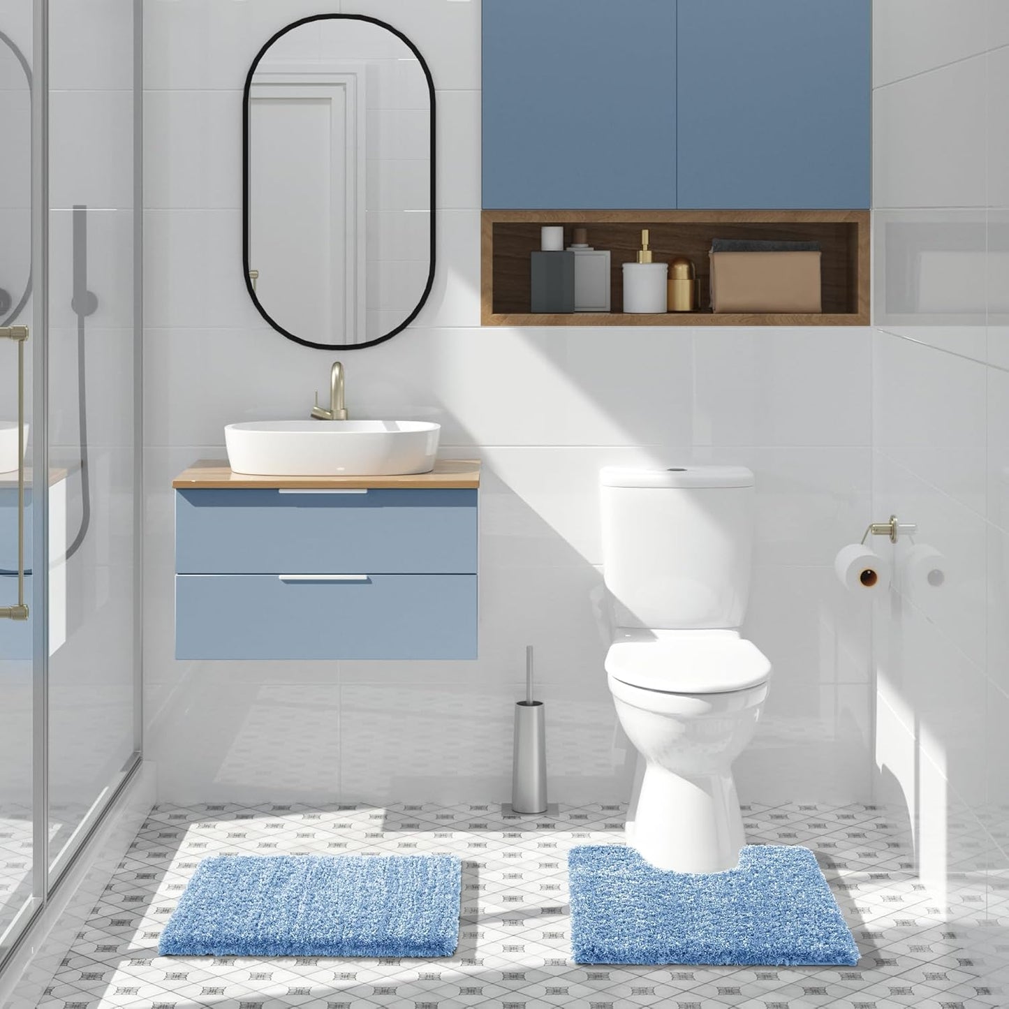 Yimobra Bathroom Rugs Non Slip Washable, Ultra Soft and Water Absorbent Bath Mats, Plush Fluffy Shower Mat Outside, Microfiber Thick Matts for Bathroom Floor/Sink, 24x17, Blue and White