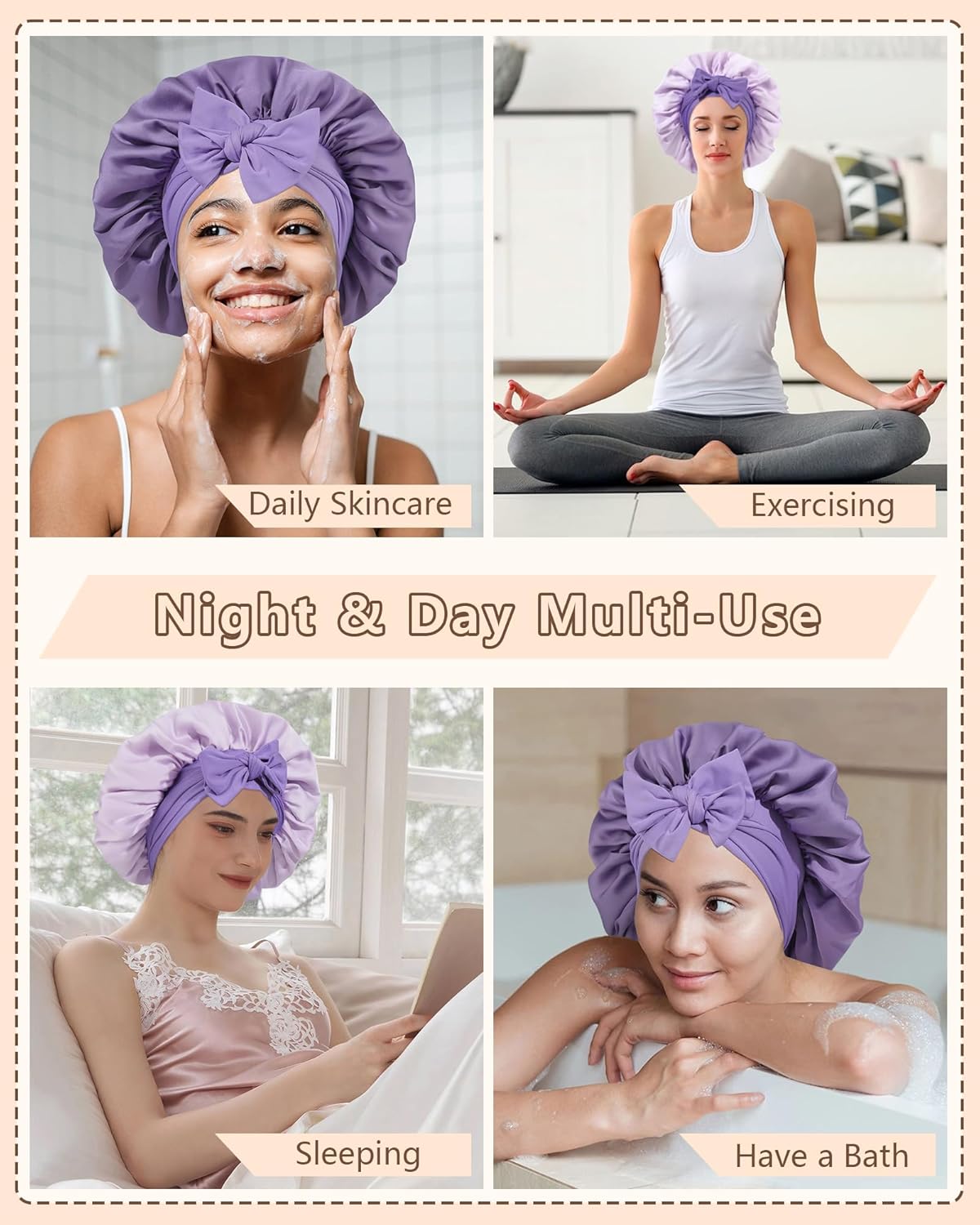AWAYTR Women Satin Bonnet for Sleeping - Double Layer Silk Hair Bonnet with Elastic Tie Band for Braids Curly Hair