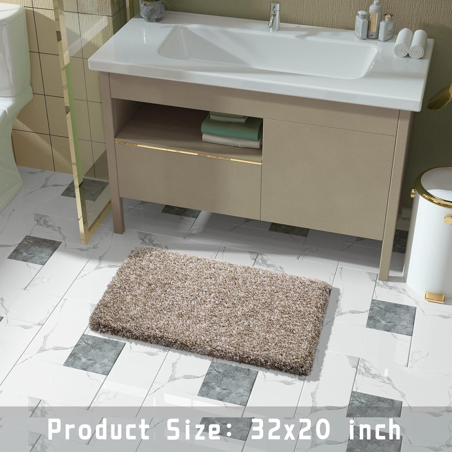Yimobra Bath Rugs for Bathroom 32x20, Ultra Soft and Water Absorbent Bath Mats, Non Slip Plush Shower Rugs, Microfiber Thick Matts for Bathroom Floor/Tub, Machine Washable, Light Brown and White