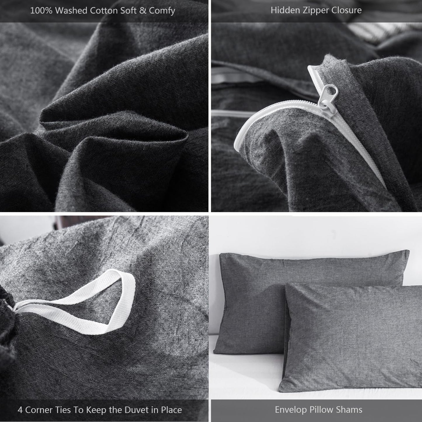 MooMee Bedding Duvet Cover Set 100% Washed Cotton Linen Like Textured Breathable Durable Soft Comfy (Heathered Dark Grey, Alaska King 132"x120")