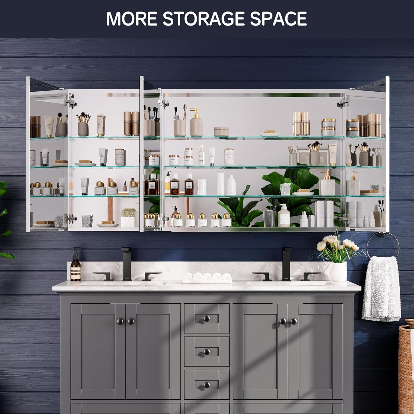 Medicine Cabinet 60" x 30", Bathroom Medicine Cabinet with Mirror, Recessed Medicine Cabinets with Adjustable Shelves, Soft-Closing Door, and Aluminum Alloy Frame - Reverse Installation, Silver
