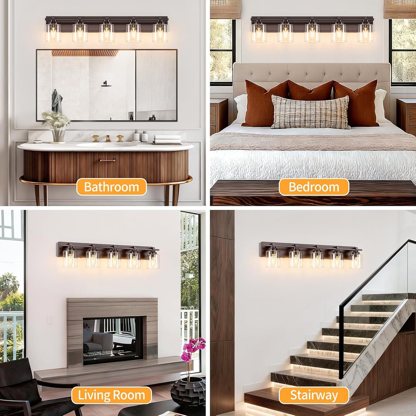 5 Light Modern Bathroom Light Fixtures Over Mirror, Bronze Finish Vanity Lights for Bathroom Wall Sconces with Clear Glass Shades, E26 Socket (Bulbs Not Included)