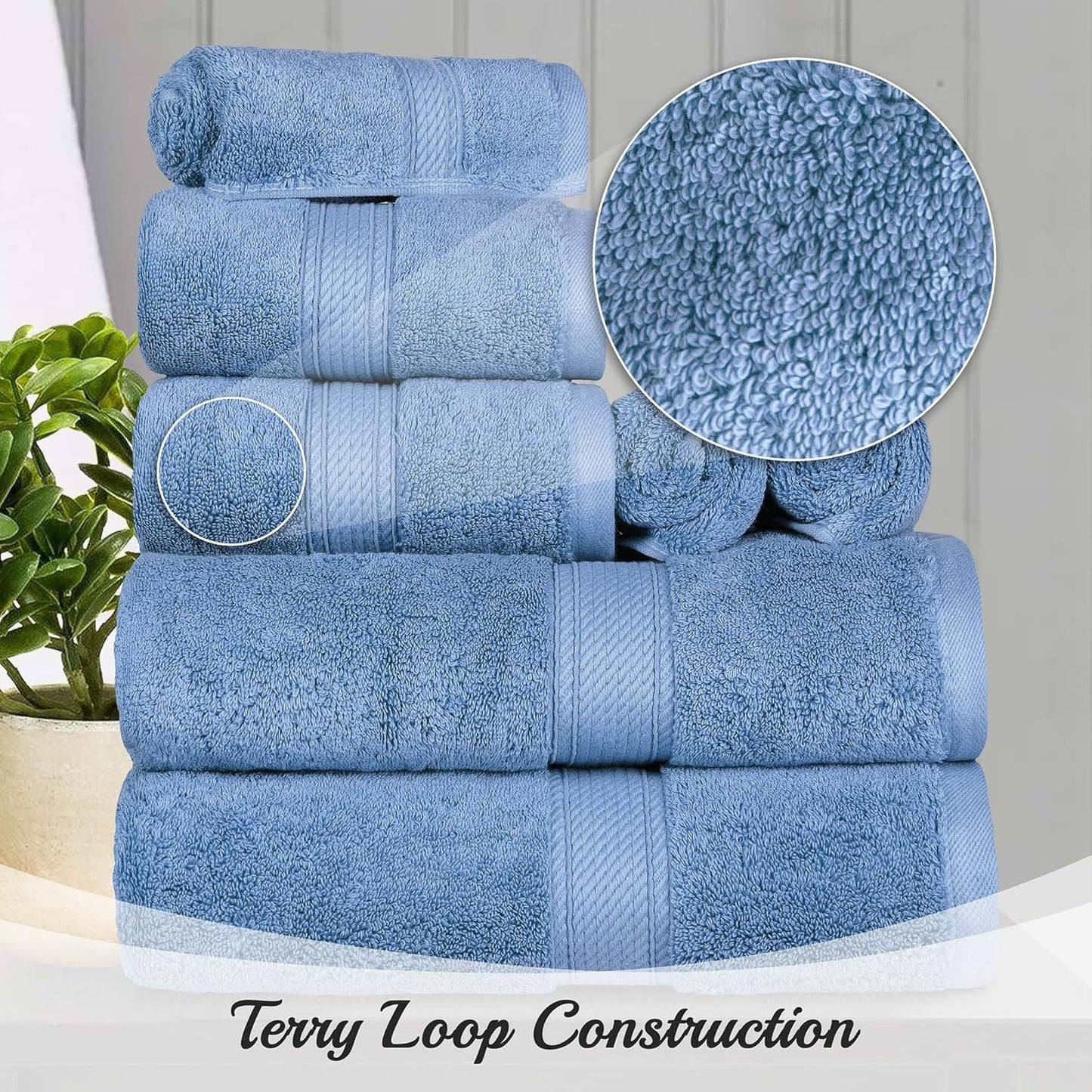 Superior Egyptian Cotton Pile Face Towel/Washcloth Set of 6, Ultra Soft Luxury Towels, Thick Plush Essentials, Absorbent Heavyweight, Guest Bath, Hotel, Spa, Home Bathroom, Shower Basics, Denim Blue