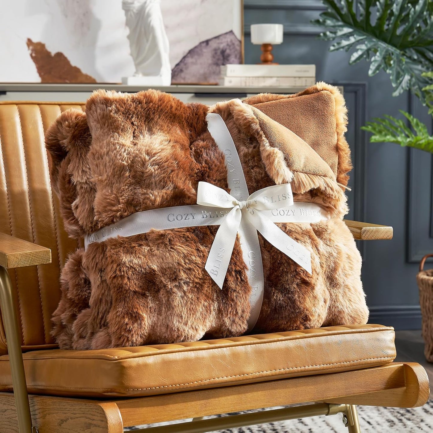 Cozy Bliss Faux Fur Throw Blanket King Size, Fuzzy Soft Plush Thick Bubble Blanket for Bed Couch Bedroom Living Room, 108x90 Inches Tie-dye Brown