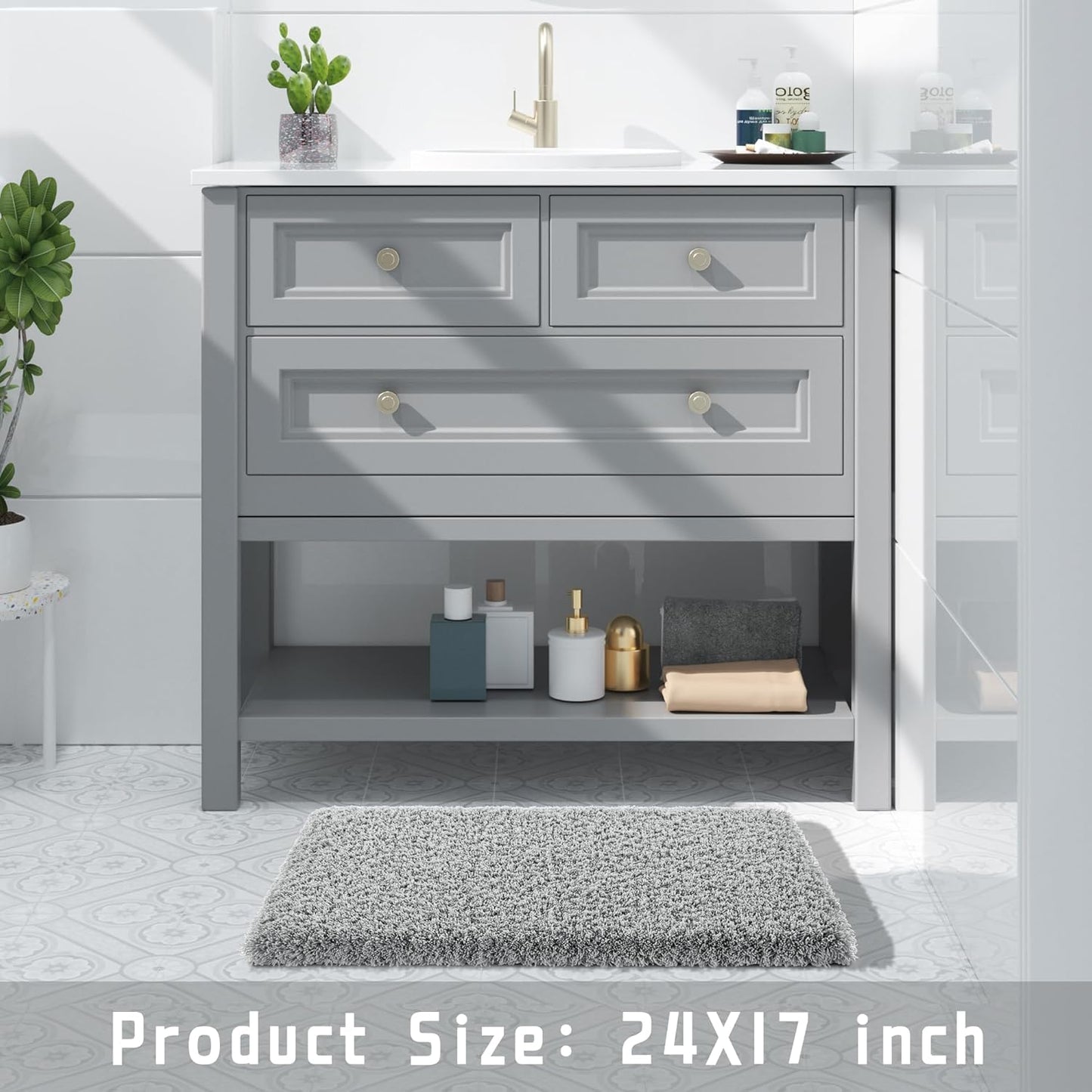 Yimobra Bathroom Rugs Non Slip Washable, Ultra Soft and Water Absorbent Bath Mats, Plush Fluffy Shower Mat Outside, Microfiber Thick Matts for Bathroom Floor/Sink, 24x17, Pure Gray