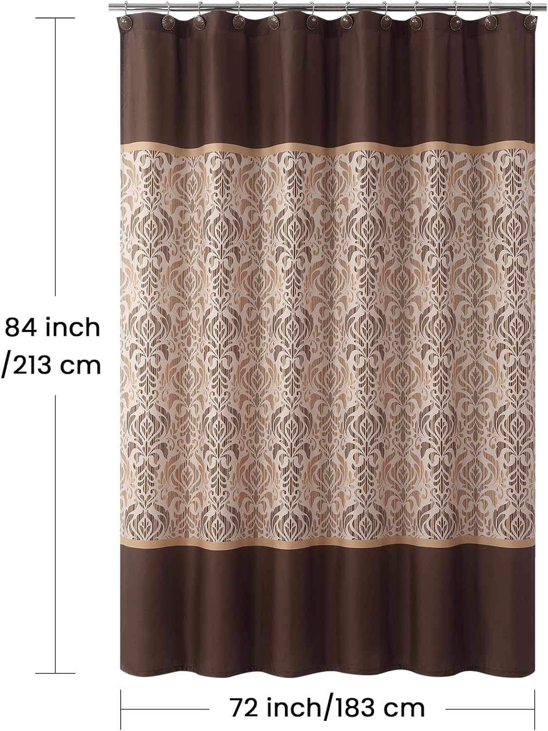 Extra Long Fabric Shower Curtain, Soft & Lightweight Brown Damask Print Shower Curtains for Bathroom, 72" W x 84" H