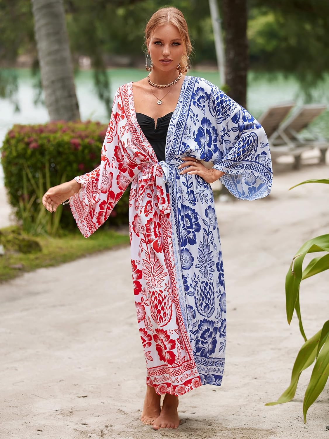 Women Casual Open Front Lightweight Cardigan Long Beach Kimono Cover Up