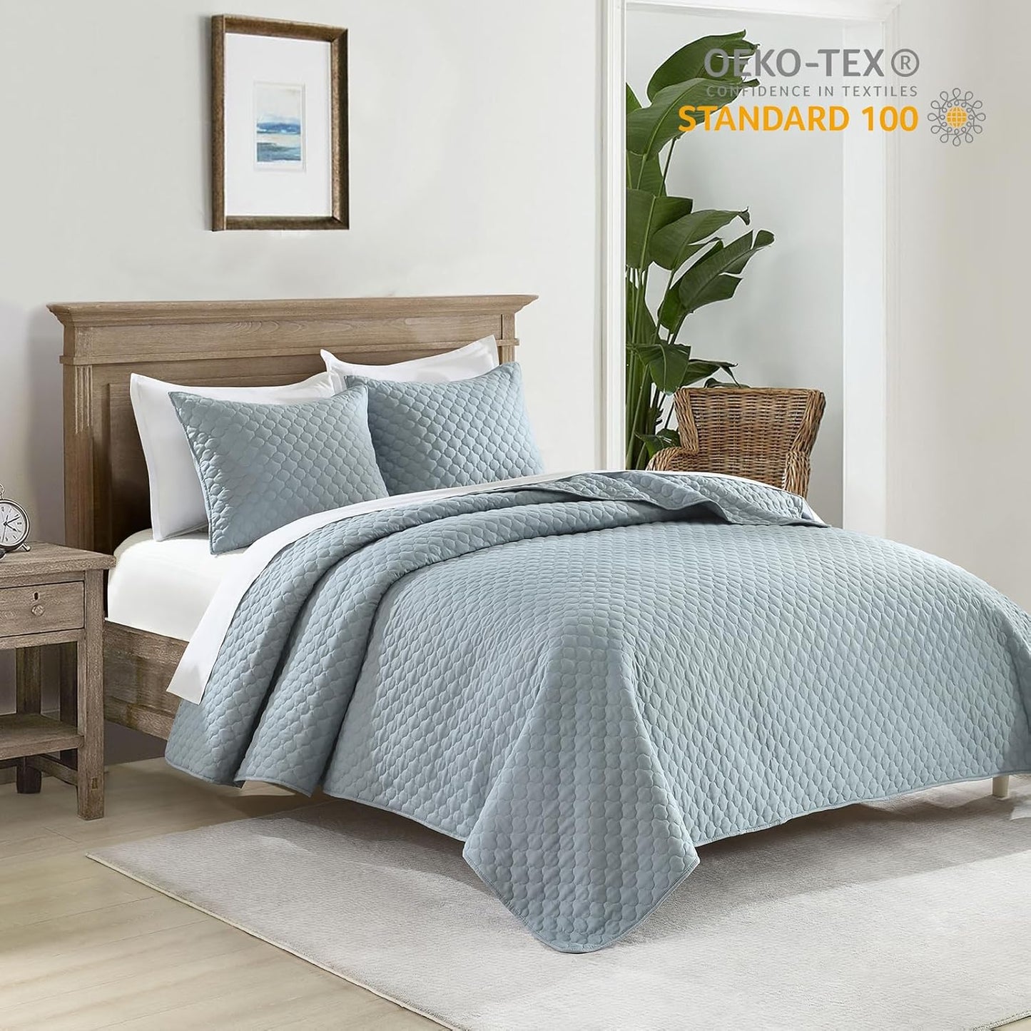 HORIMOTE HOME Quilt Queen Size Chambray Blue, Lightweight Quilt for Summer Ultra-Soft Microfiber Modern Style Quilted Clouds Pattern Bedspread Quit Set 3 Pieces(1 Quilt and 2 Pillow Shams)