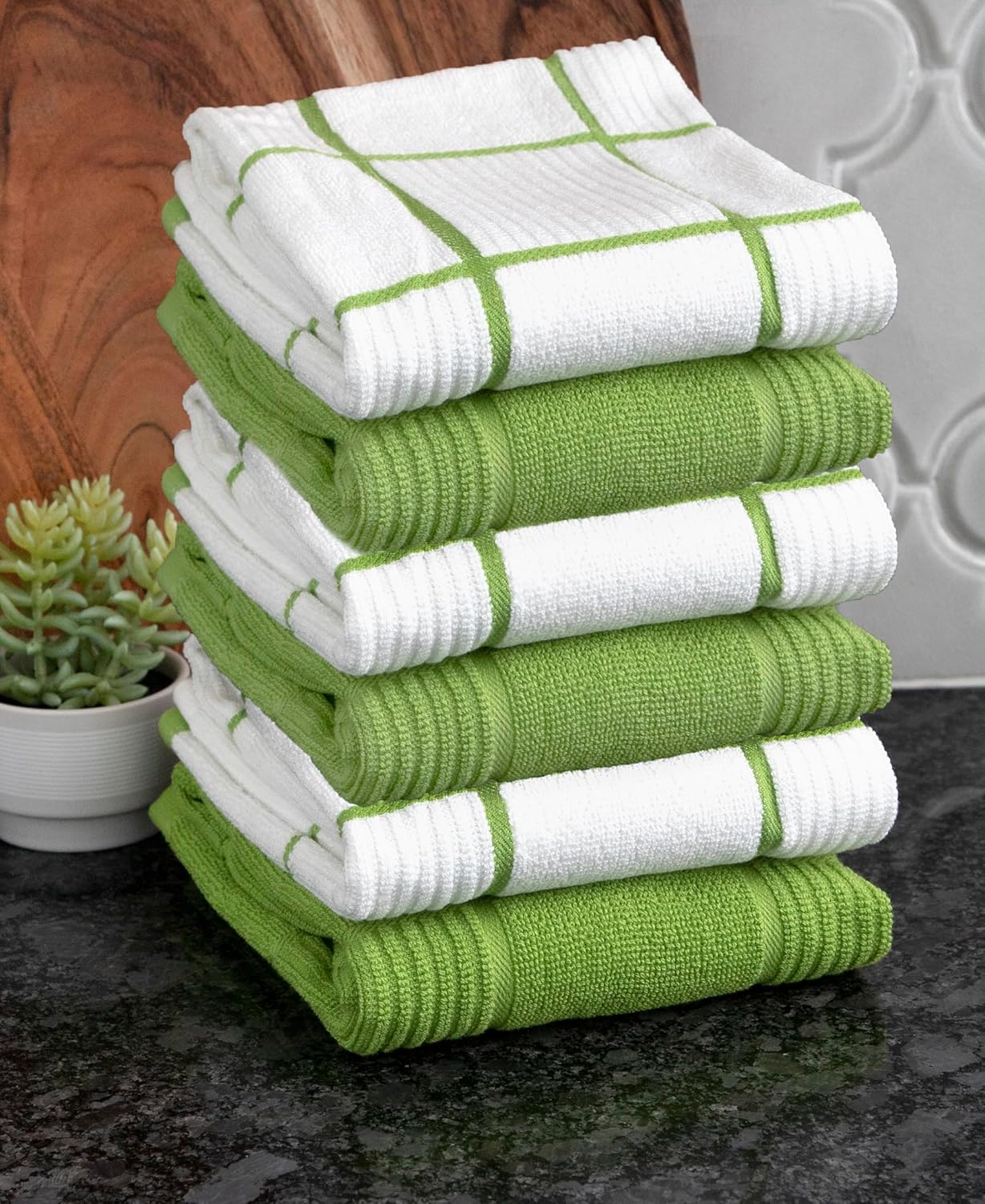 T-Fal Solid & Checked Parquet Kitchen Towels: Highly Absorbent, Super Soft Long Lasting - 100% Cotton, 16"x26" Dish Towels for Cleaning & Drying Dishes, Pans, Glassware, Countertops, 6-Pack, Green