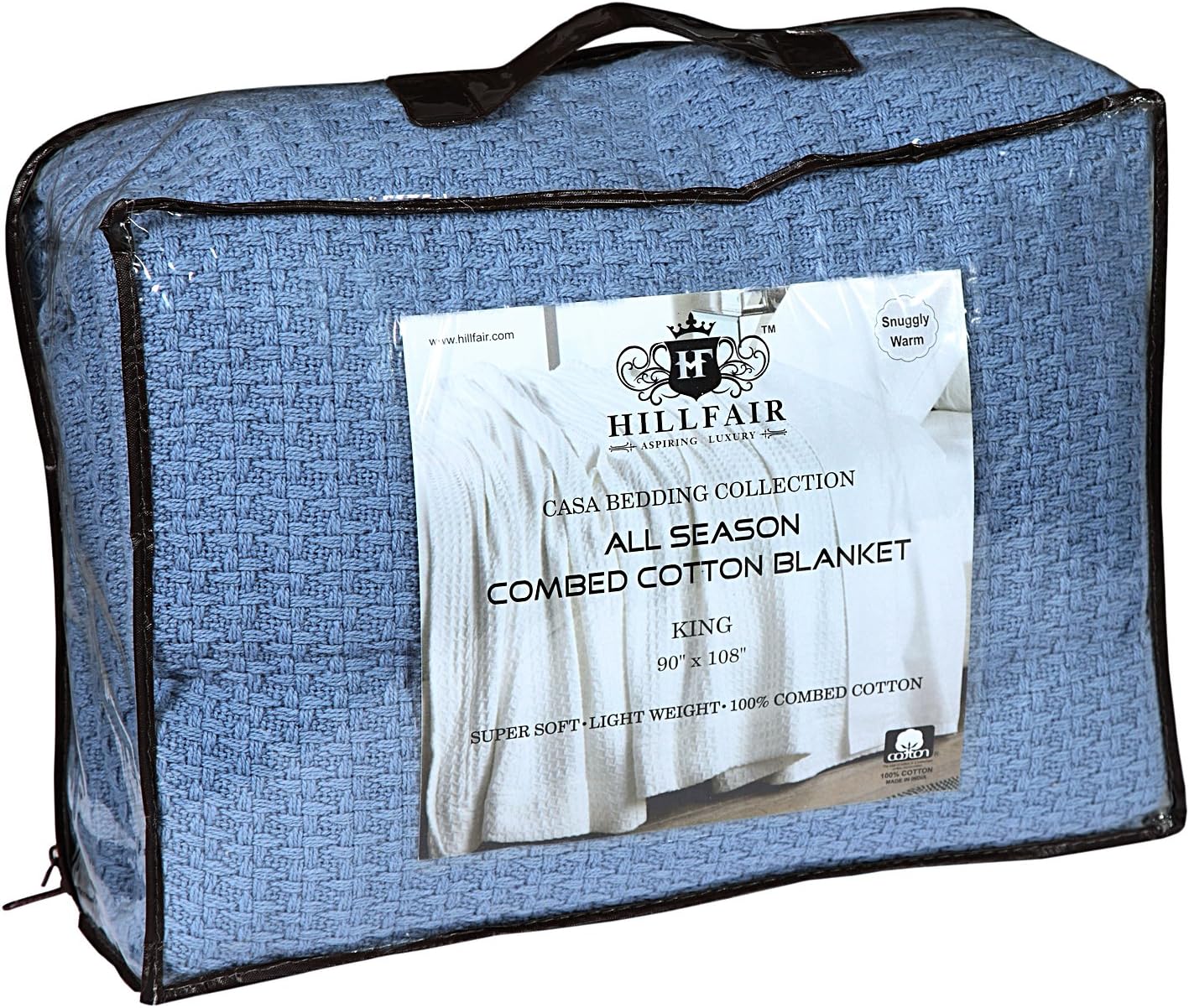 HILLFAIR 100% Combed Cotton Blanket– Twin Bed Blanket– Soft Cozy Warm Multipurpose Throws for Luxury Home Decor– 66 x 90 inch Twin XL Size Cotton Blankets for Beds- Bed Blankets for All Season- Blue