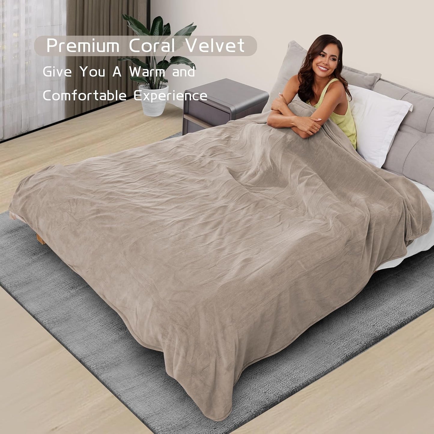 Electric Heated Blanket 90"x100" King Size, Soft Coral Fleece, Dual Controllers with 4 Heating Levels and 10 Hours Auto-Off, Machine Washable, Cozy Plush Fabric for Home, Light Brown