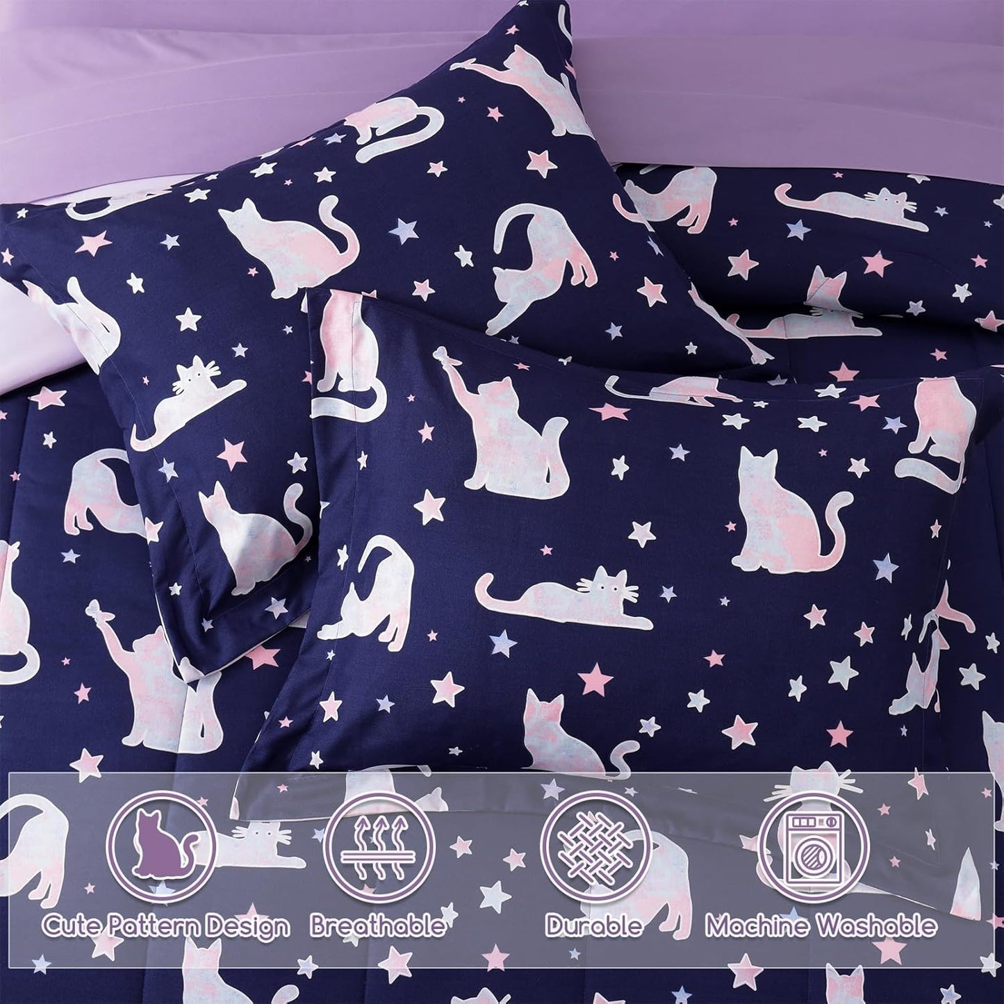 Full Size Comforter Set for Girls-4 Pieces Cute Cat Full Bedding Sets for Kids, 1 Comforter, 2 Shams and 1 Decor Pillow