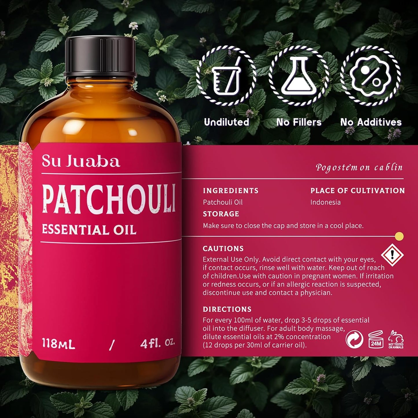 SU JUABA Patchouli Essential Oil 4 Fl Oz, 100% Pure Natural Aromatherapy Oil for Diffuser, Skin Care, Perfume & Soap Making - 118ML