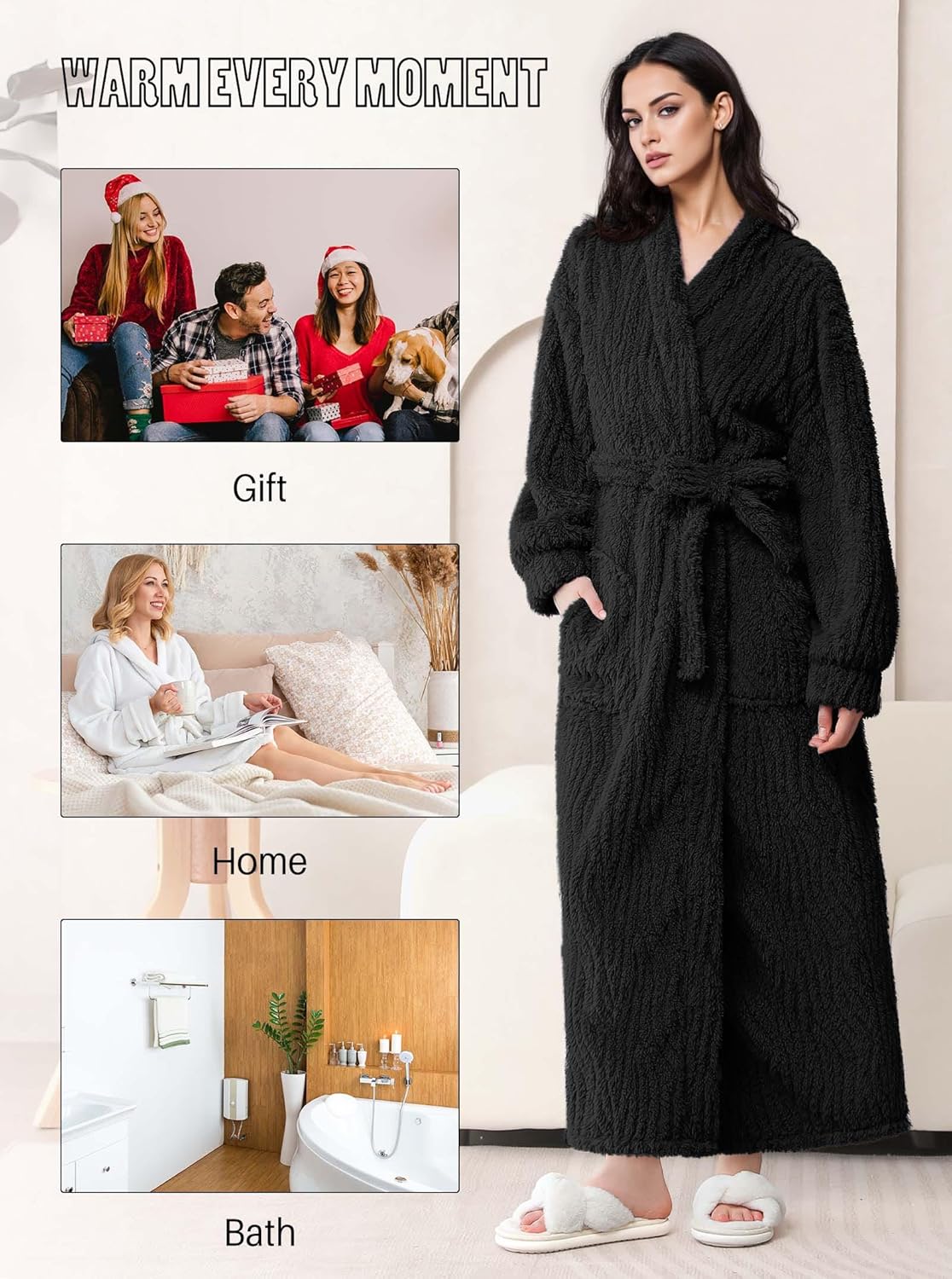 Artfasion Womens Long Fleece Robe - Warm Soft Floor Length Flannel Bathrobes for Winter Thicker Long House Coat with Pockets