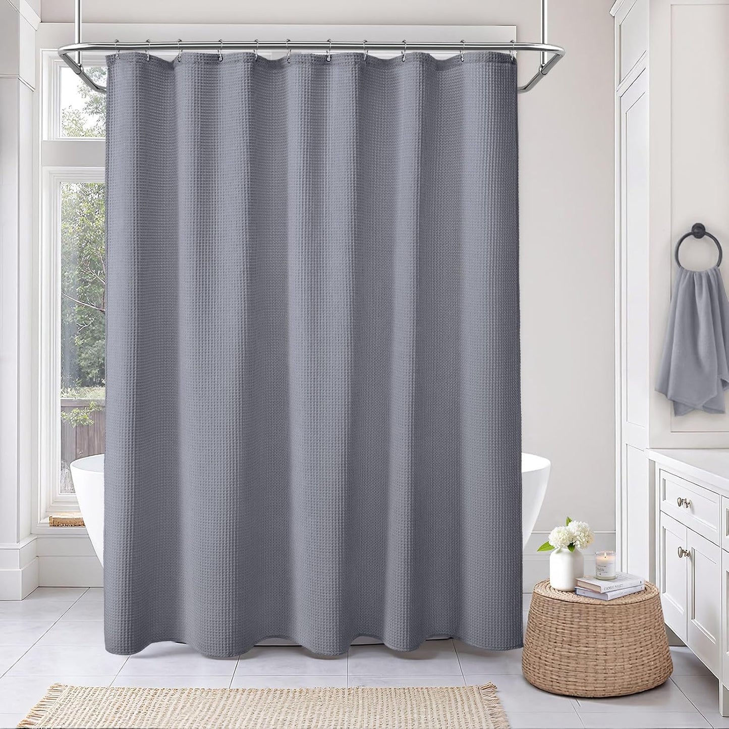 Waffle Weave Shower Curtain - Grey Cotton Fabric Texture Heavyweight Shower Curtain for Bathroom,Washable,72Wx72L