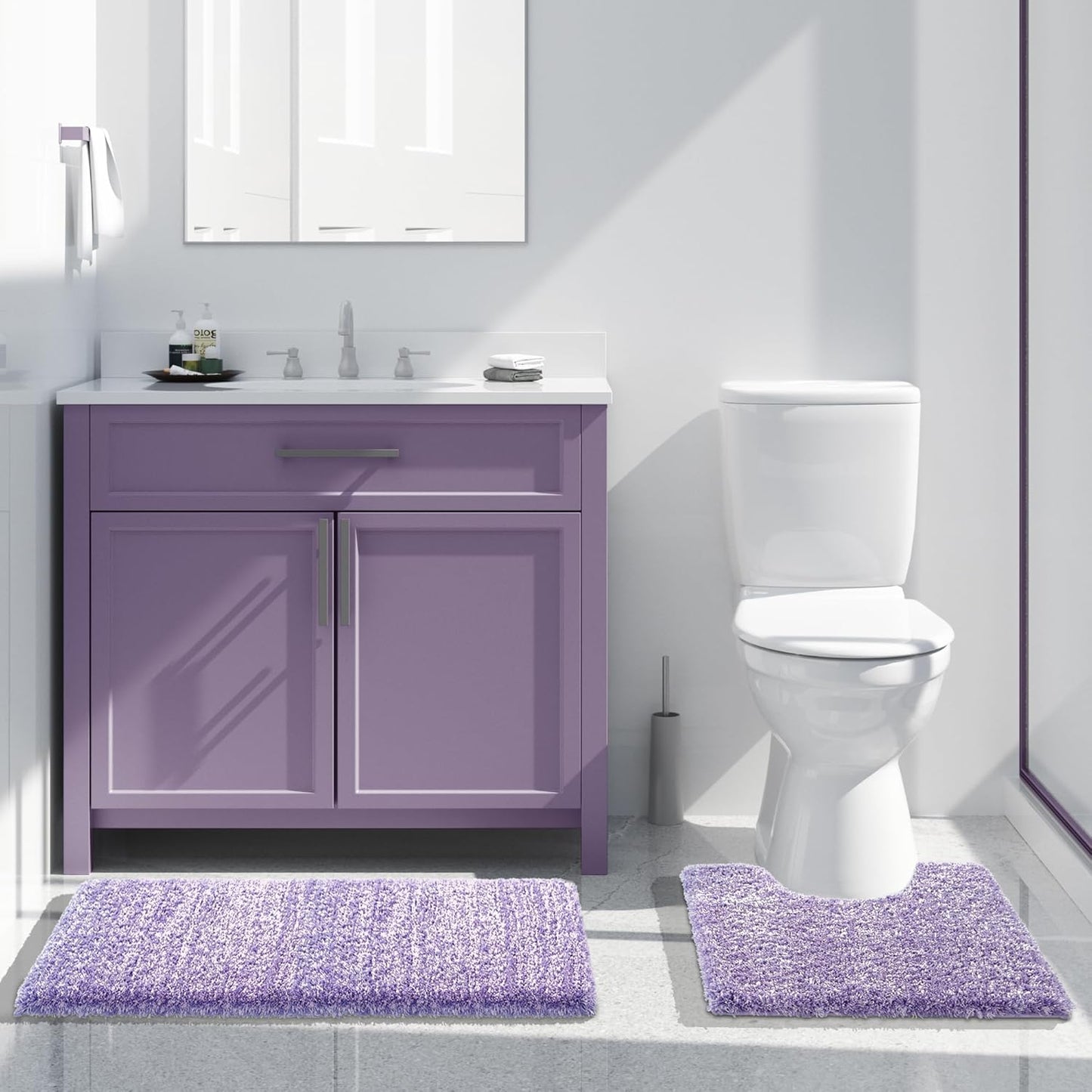 Yimobra Toilet Rugs U Shaped Washable 24x20, Ultra Soft and Water Absorbent Bath Mats, Non Slip Fluffy Shaggy Luxury Microfiber Contour Bath Rugs for Toilet, Dry Quick, Purple and White