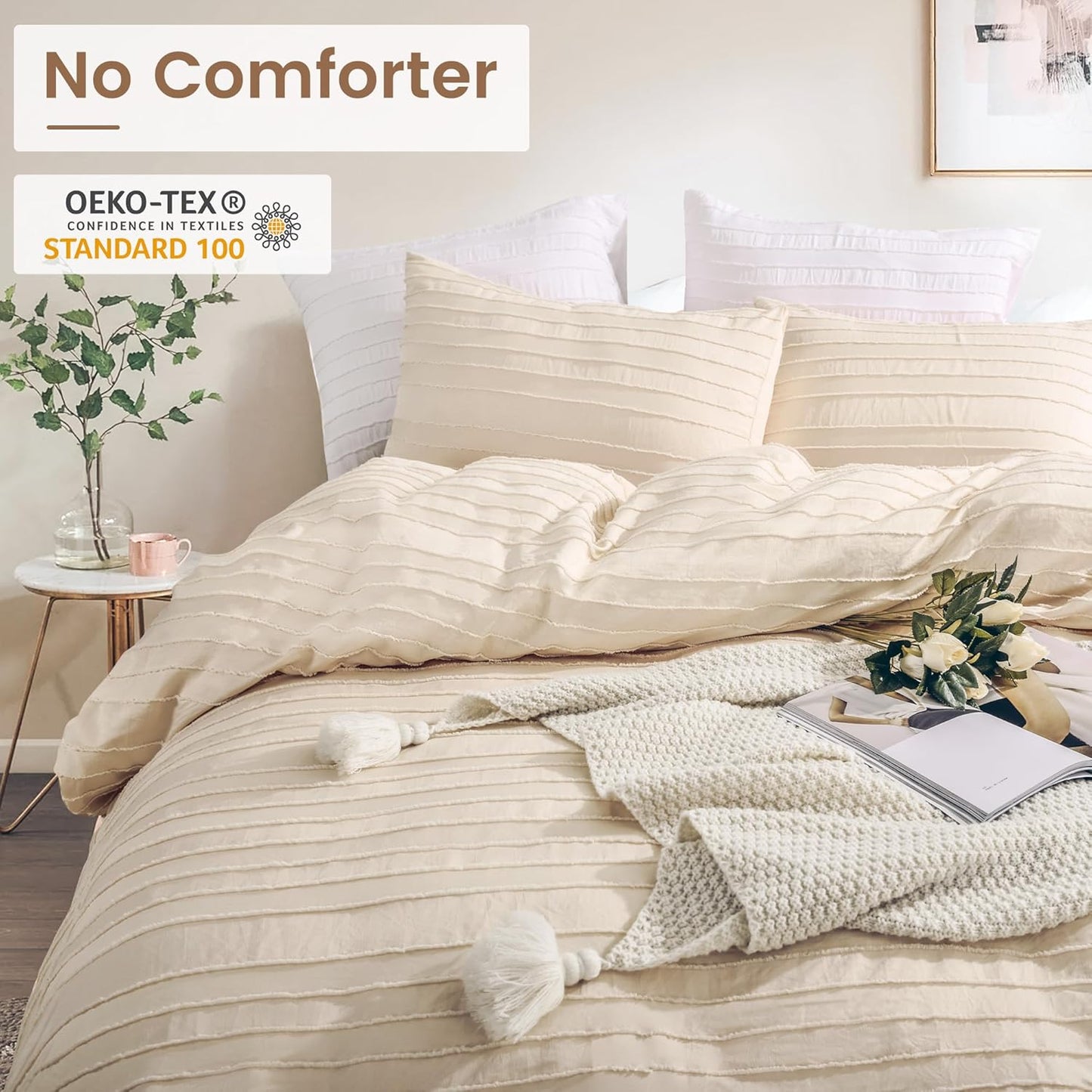NEXHOME PRO Duvet Cover Full Size,3 Pieces Boho Tufted Duvet Cover Set, Soft and Lightweight Microfiber Comforter Cover Set for All Season (Khaki Full, 80 x 90)-No Comforter