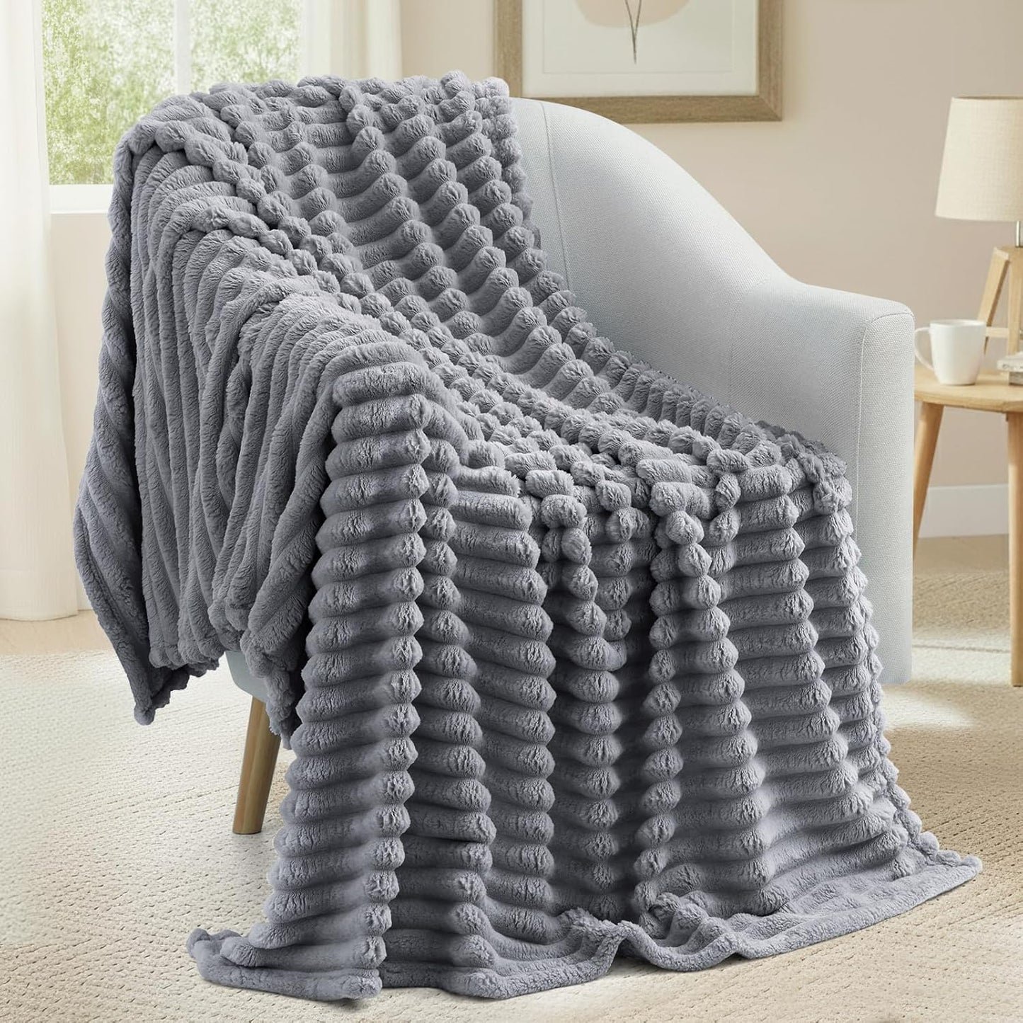 decorUhome Christmas Soft Fleece Grey Blanket King Size for Bed, Cozy Fluffy Plush Flannel Large Striped Throws for Couch Sofa, Lightweight Decorative Fuzzy Blanket for Woman, 108x90 Inches