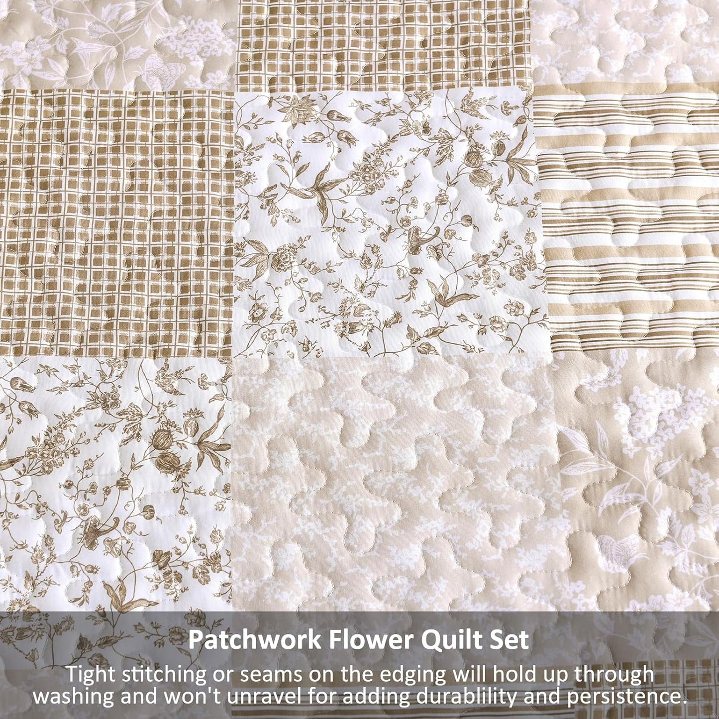Mybedsoul Beige Boho Quilt Set Queen Size, 3 Pieces Plaid Floral Bedspread Set Patchwork Reversible Bedding Set Microfiber Bedding Bedspread Coverlet Set for All Season 90"x96"