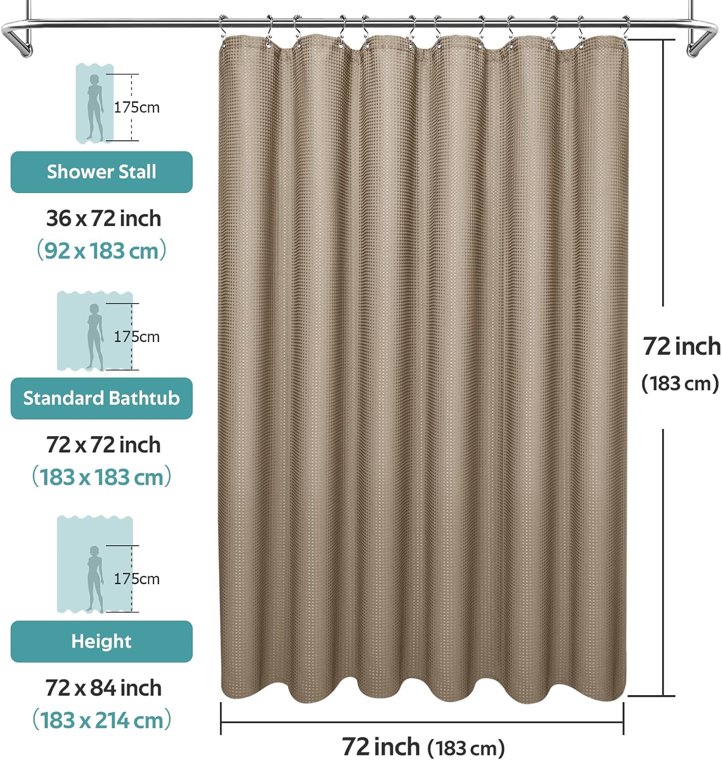 3 in 1 Shower Curtain Set, Waffle Shower Curtain and Liner Set with 12 Double Sided Shower Curtain Hooks, 258GSM Luxury Weighted Cloth Shower Curtains for Bathroom, 72 W x 72 H, Beige