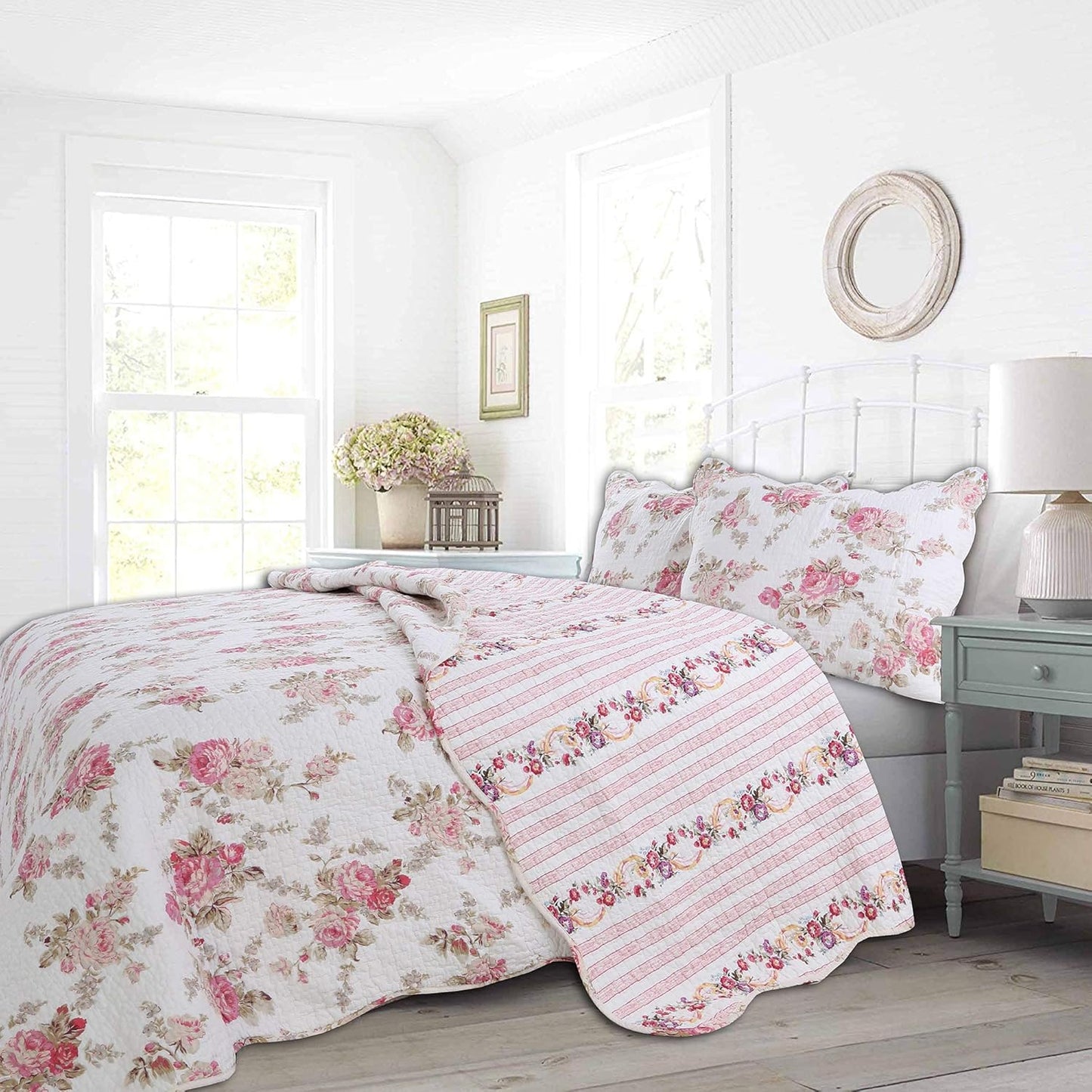 Cozy Line Home Fashions Vintage Floral Reversible 100% Cotton Bedding Quilted Throw Blanket, Reversible & Lightweight, 60" x 50" Inch (Throw, Pink Peony)