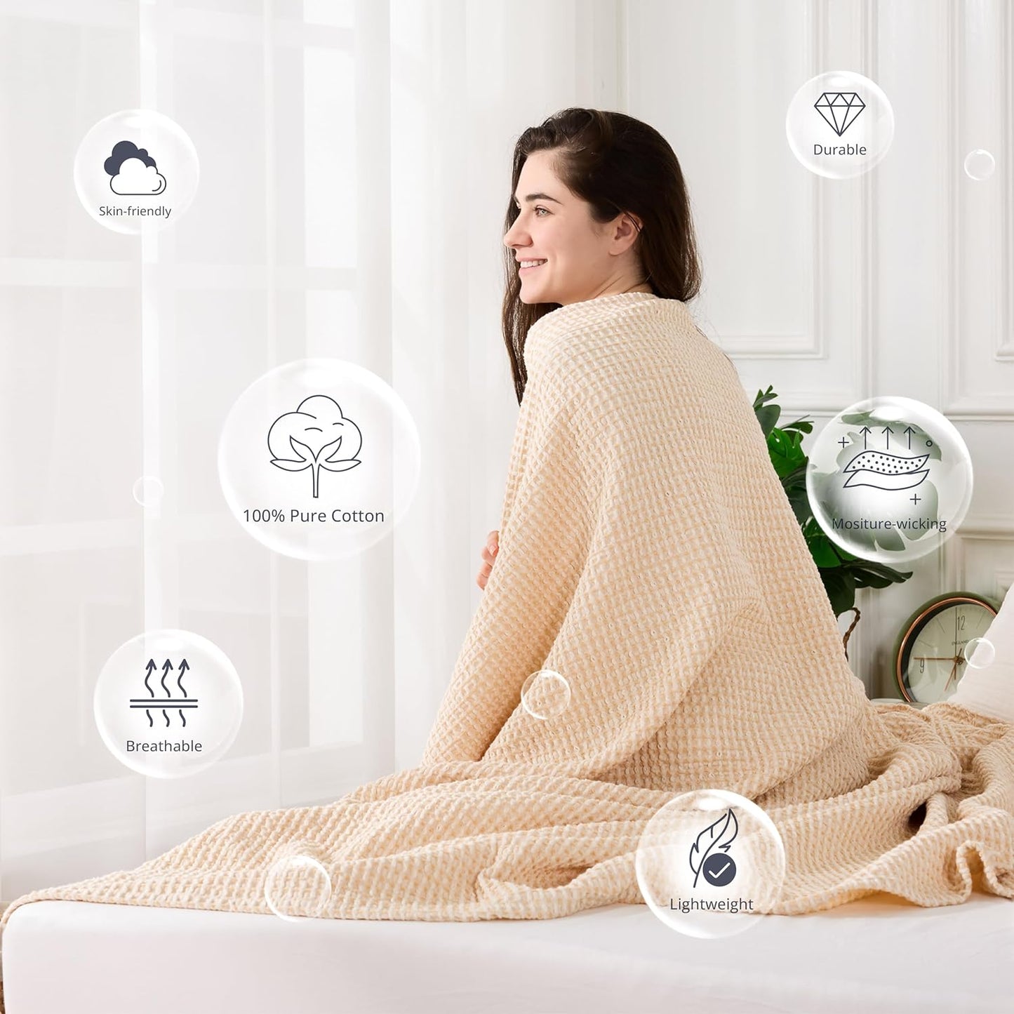 EGOHOME 100% Cotton Throw Blanket for Couch,Cotton Waffle Weave Blanket for All Seasons,Soft Lightweight Breathable Jacquard Dual-Tone Textured Blanket-Banana Cream,50 x 60 Inches