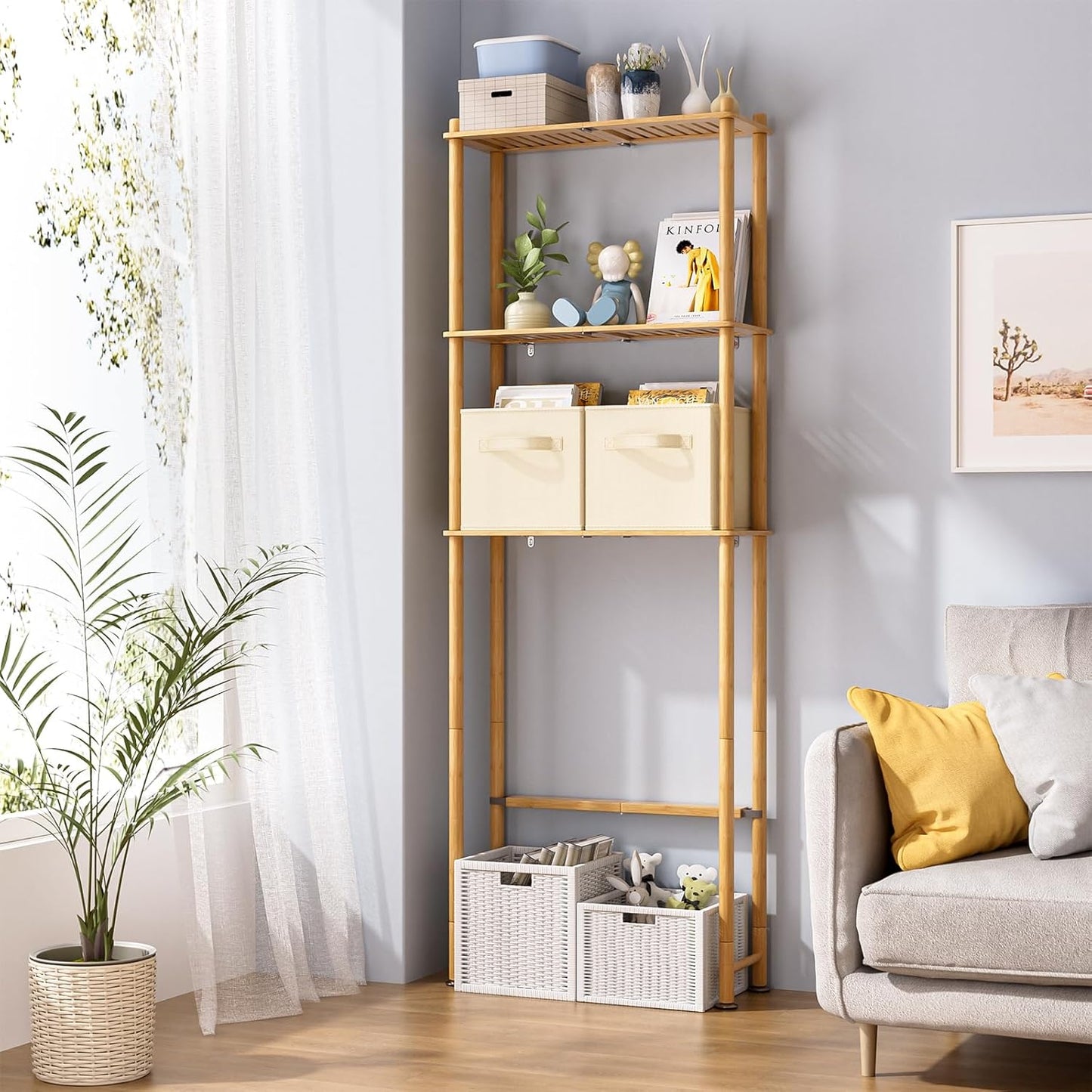 AmazerBath Over The Toilet Storage Bamboo, 3-Tier Over Toilet Organizer Rack with 2 Fabric Storage Bins, Freestanding Toilet Shelf for Bathroom Laundry Space Saver, Natural Color