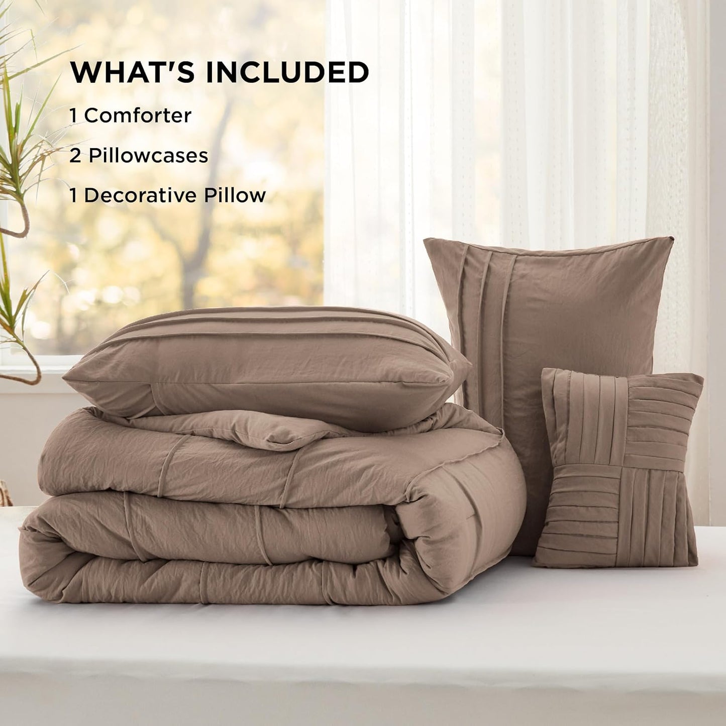 Bedsure Brown King Size Comforter Set - 4 Pieces Pinch Pleat Bed Set, Down Alternative Bedding Sets for All Season, 1 Comforter, 2 Pillowcases, 1 Decorative Pillow
