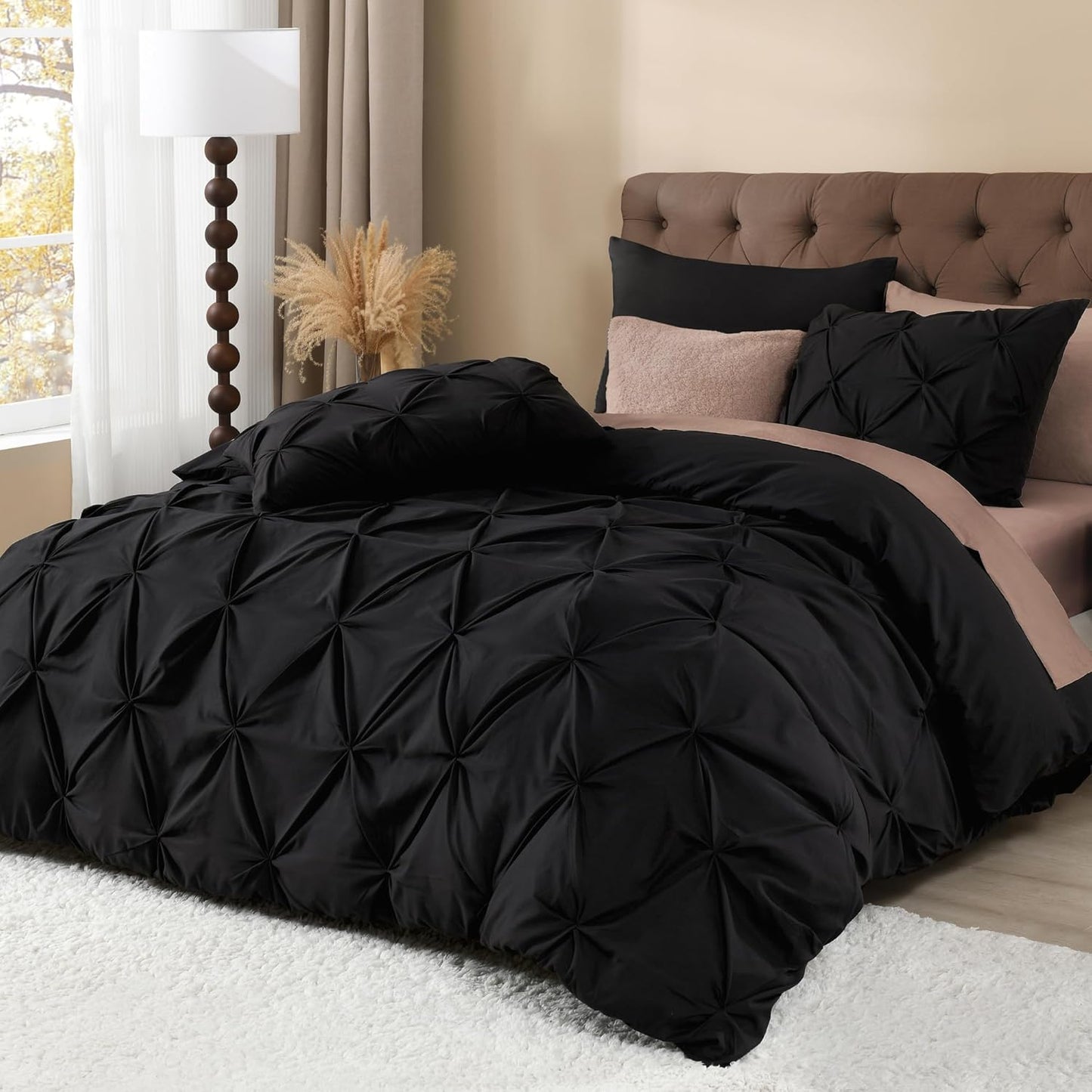 Litanika Black Oversized Queen Pinch Pleat Duvet Cover, 3 Pieces Pintuck Cover Soft Microfiber Bedding Set with Zipper Closure & Corner Ties(1 Duvet Cover, 2 Pillowcases)
