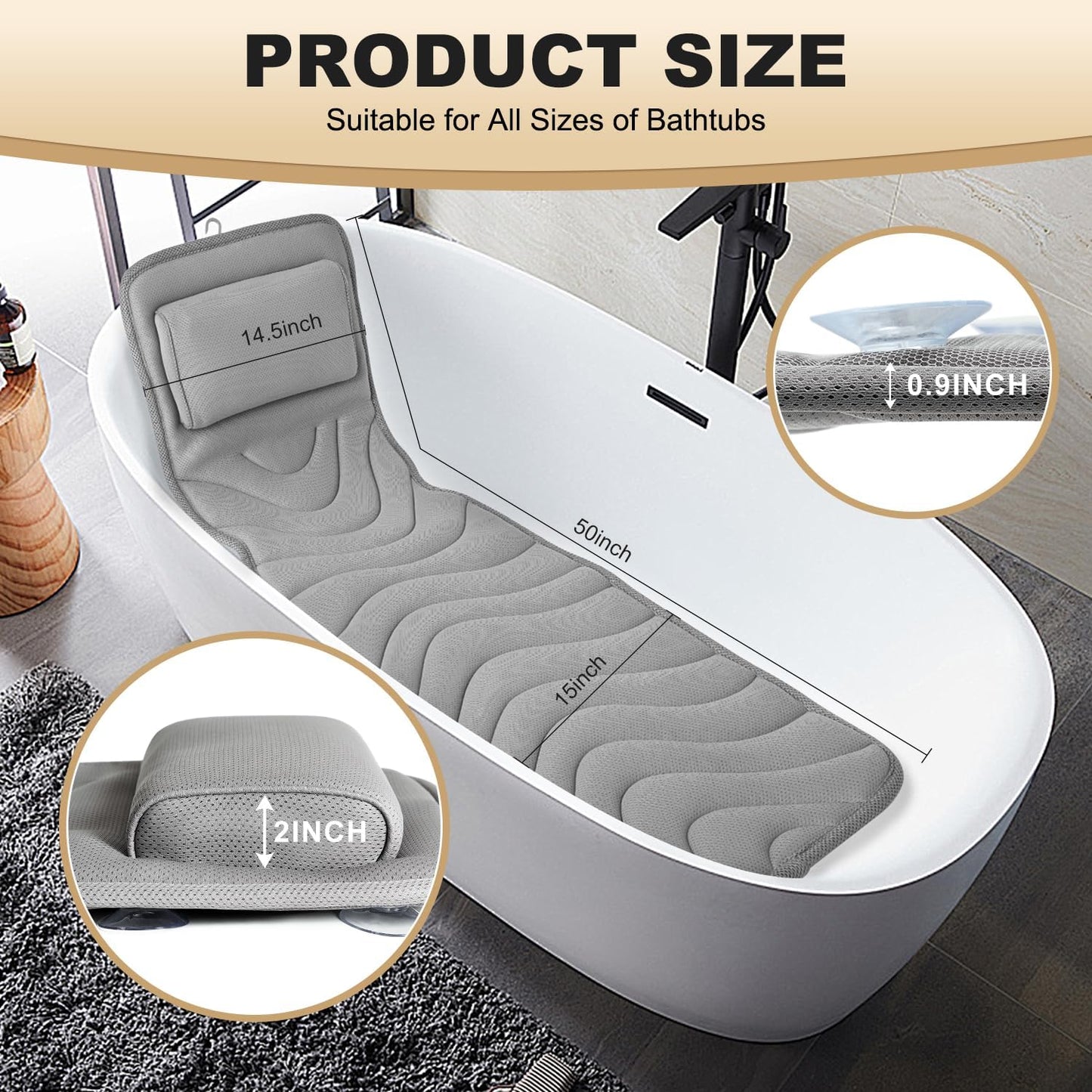 Full Body Bath Pillow for Bathtub, Non-Slip Bath Pillows for Tub, Spa Bathtub Pillow Cushion for Headrest Neck Shoulder and Back Rest Support,Relaxation Spa Accessories-50 x 15" (Grey)