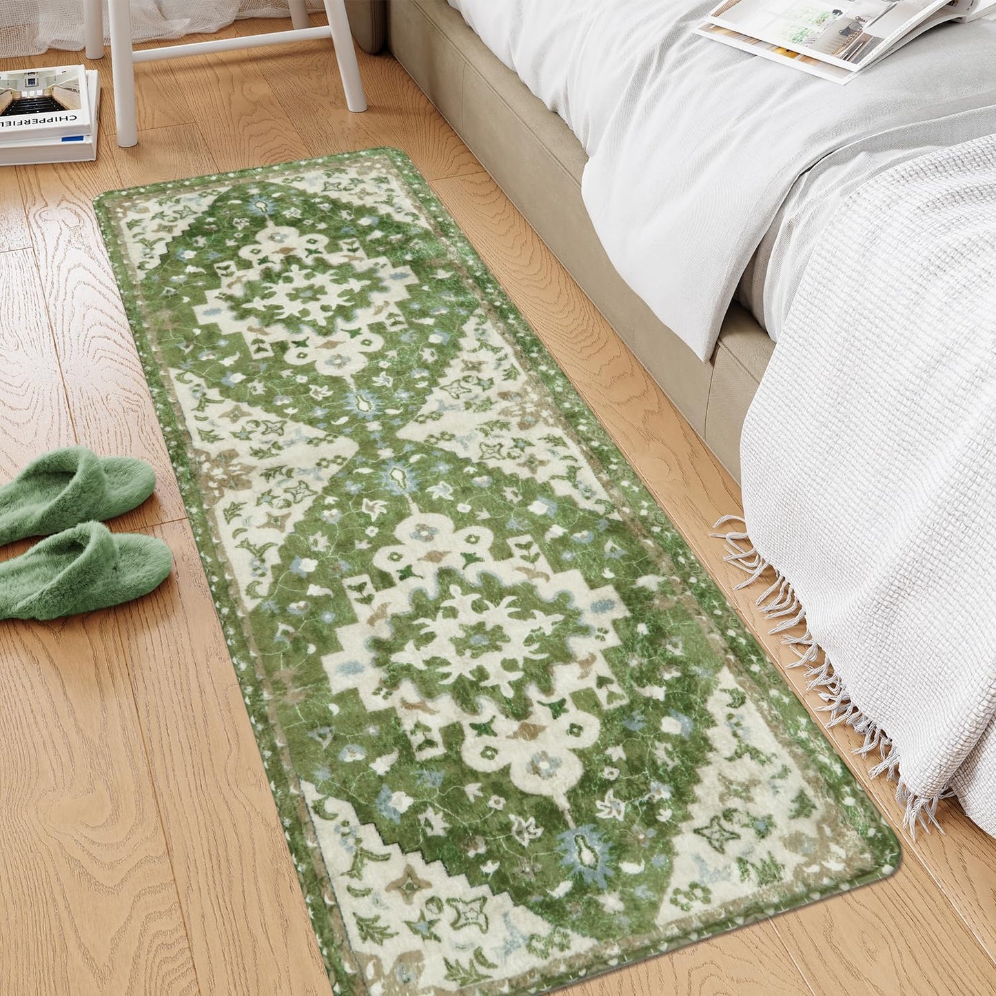 Uphome Boho Retro Large Bathroom Rugs Sage Green Non-Slip Soft Bedroom Runner Rug Oriental Floral Machine Washable Kitchen Rug Cute Farmhouse Floral Carpet for Hallway Laundry Kids Room, 24x59 inch