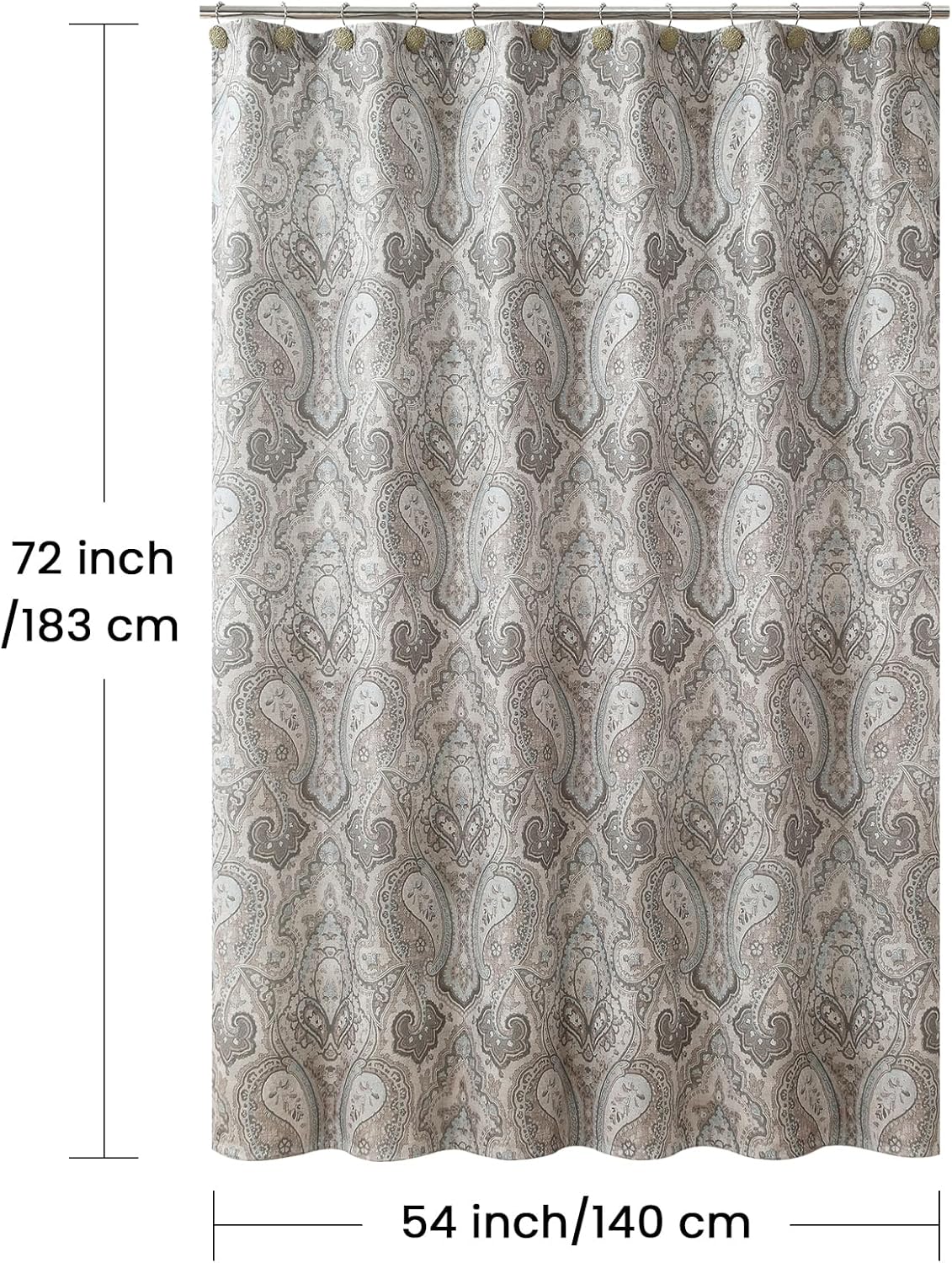 Stall Fabric Shower Curtain, Taupe Gray Blue Paisley Print Waterproof Shower Curtains for Bathroom, 54" W x 72" H