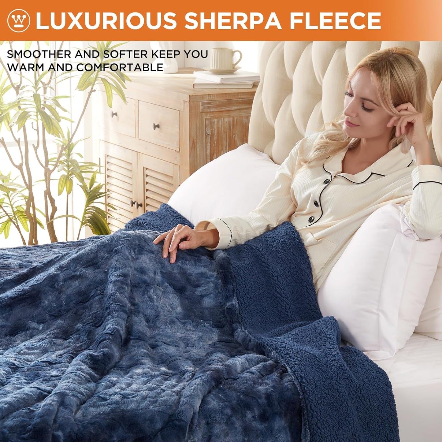Westinghouse Electric Blanket Queen, Faux Fur Heated Blanket with 10 Heating Levels & 1-12 Hours Auto Off, Soft Cozy Sherpa Heated Blanket Washable Blanket (84" x 90" Queen Size, Indigo)