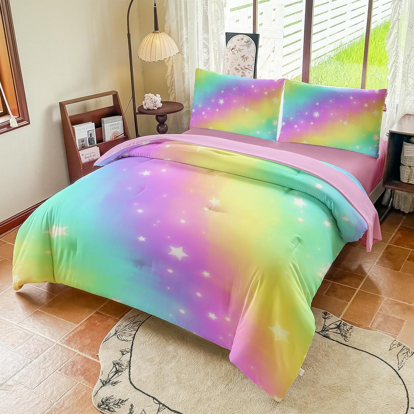 Rainbow Bedding Set Full Size โ 5 Piece Reversible Girls Comforter with Deep-Pocket Sheet, Gradient Galaxy Design, Whole-Piece Filling, Machine Washable Bed-in-a-Bag for Kids Room Makeover & Gifts