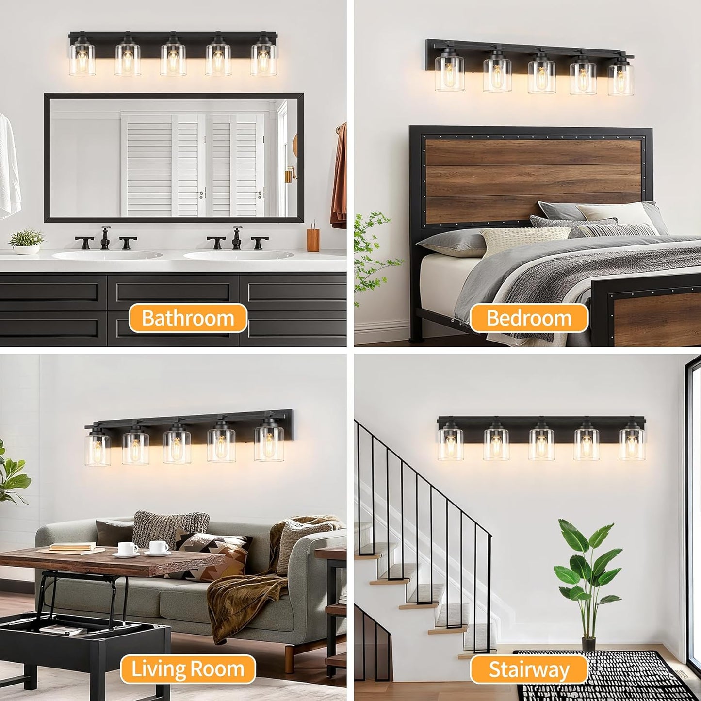 5 Light Modern Bathroom Light Fixtures Over Mirror, Black Vanity Lights for Bathroom Wall Sconces with Clear Glass Shades, E26 Socket (Bulbs Not Included)