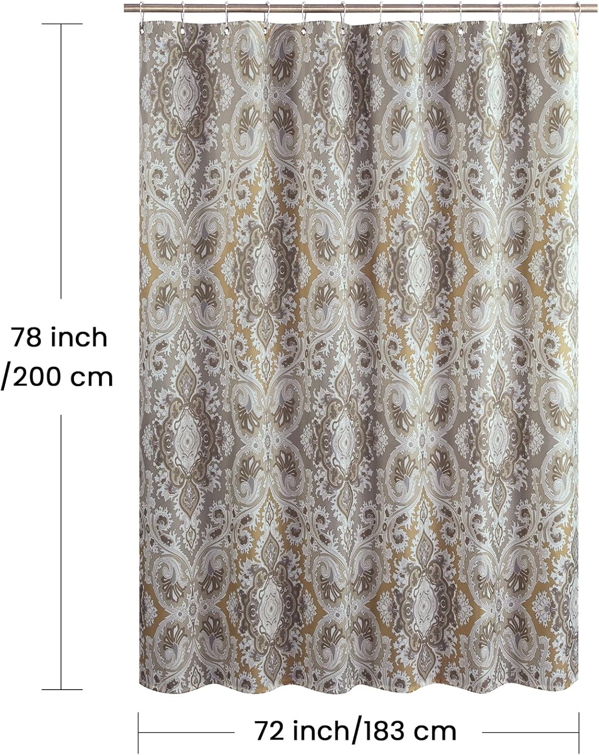 Long Fabric Shower Curtain, Beige and Grey Printed Boho Paisley Damask Pattern Shower Curtains for Bathroom, Waterproof Bathroom Curtains, 72" W x 78" H