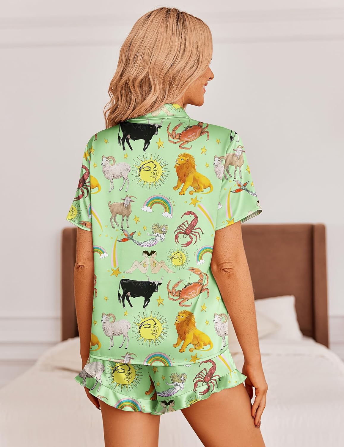 Ekouaer Womens Satin Pajamas Set Button Down 2 Piece Silk Pjs Shorts Set Ruffle Lingerie Notch Collar Sleepwear