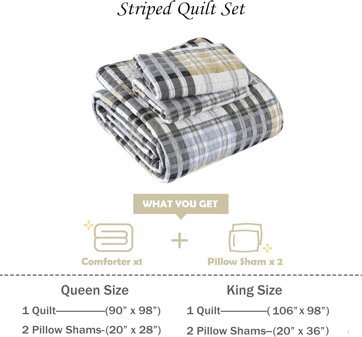Quilt King Size, Cotton King Size Comforter Set,Grey Brown Black White Bedding Sets, Striped Plaid Bedspread Set, Farmhouse King Size Bed Set Lightweight All Season