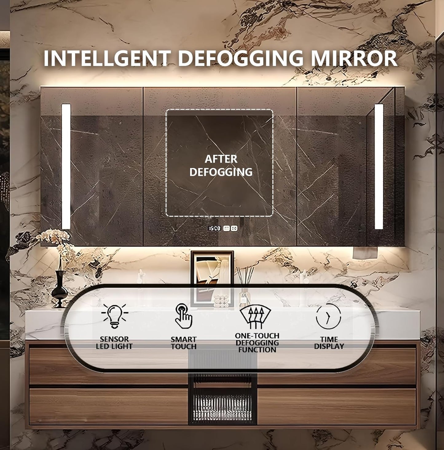 80IN Bathroom Vanity with Double Sink, Modern Bathroom Vanity with LED Smart Defog Mirror Cabinet & Integrated Ceramic Sink, Floating Vanities with Drawers and Glass Cabinet Door (Walnut)