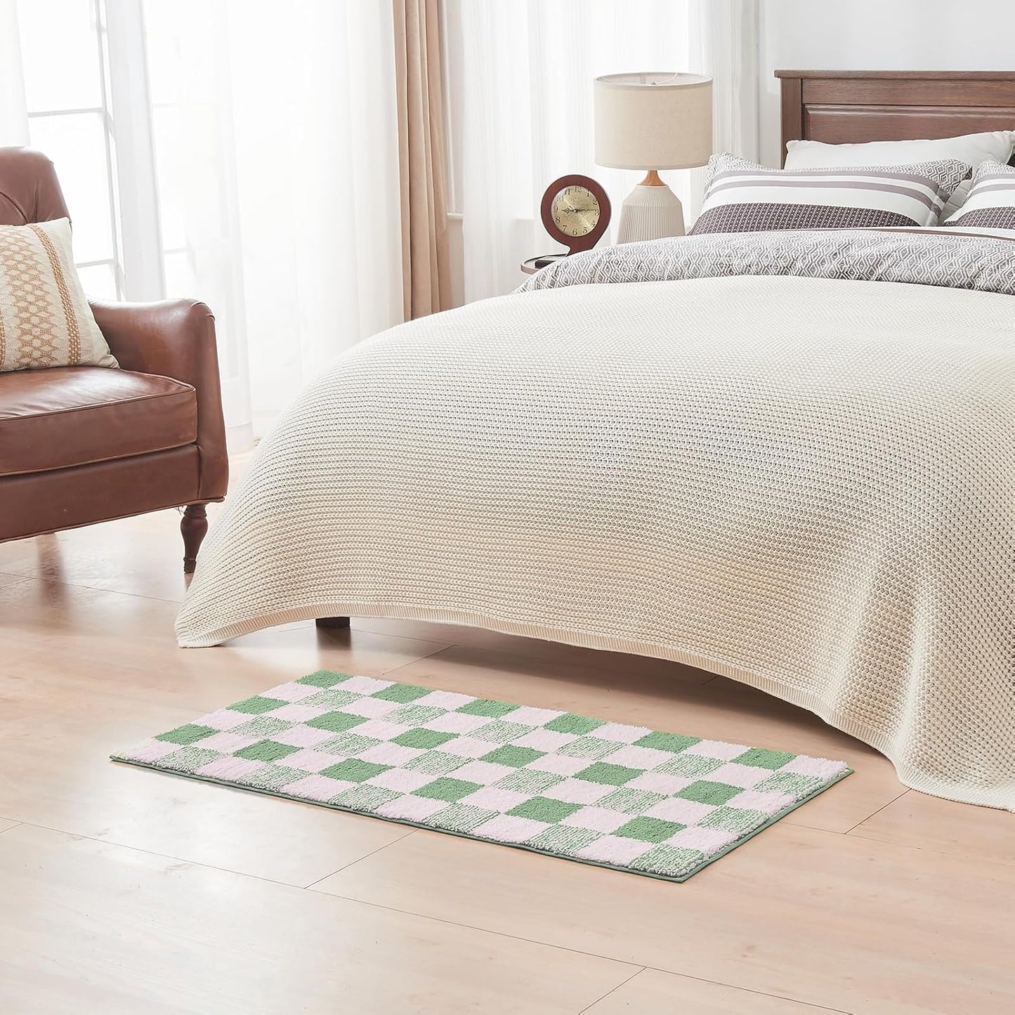 CozeCube Bath mats for Bathroom Non Slip, Fluffy Absorbent Microfiber Bath mat Washable, Aesthetic Bathroom Rugs, Long Sage Green Checkered Bath Runner, Sage Green, 59" x 24"