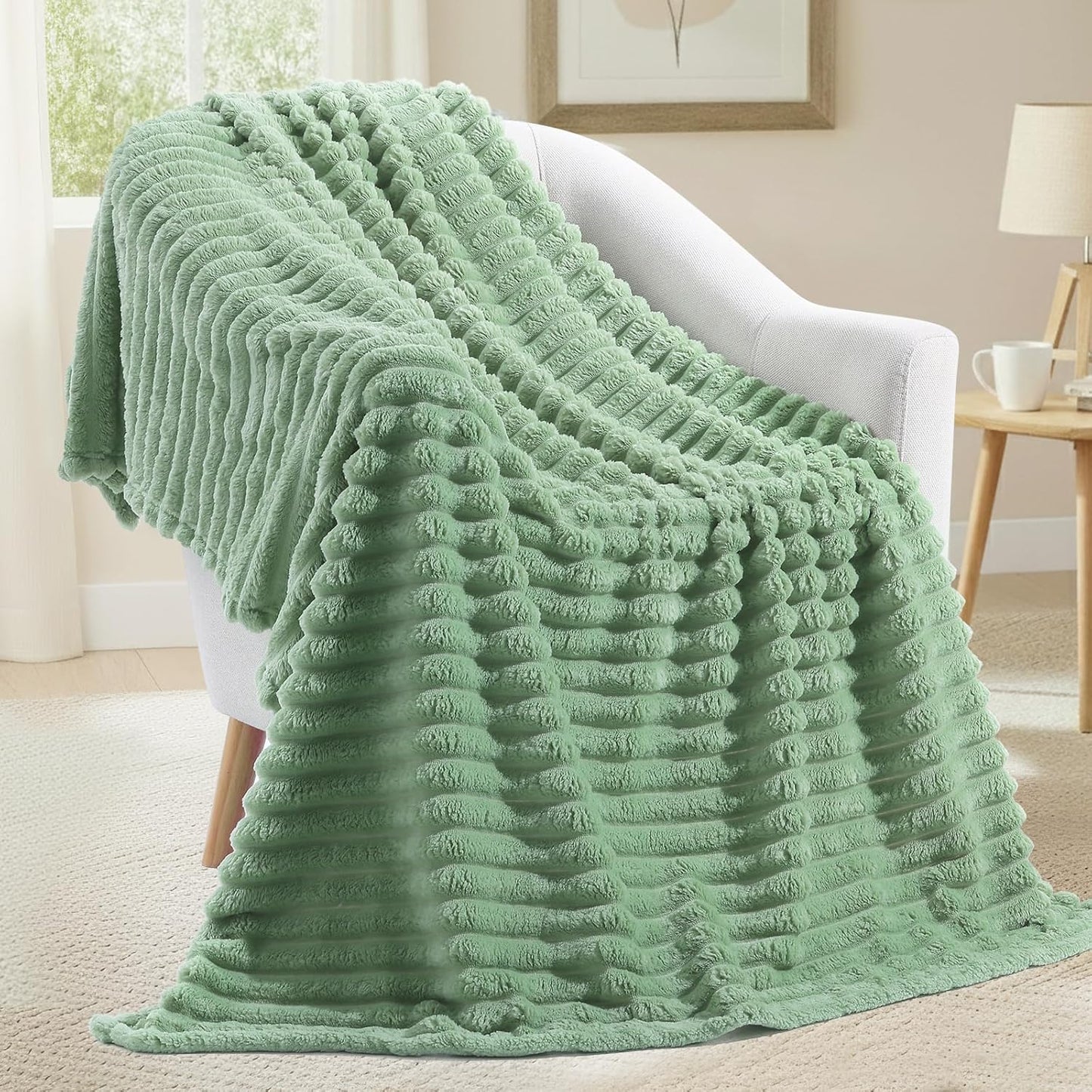 decorUhome Christmas Soft Fleece Sage Green Twin Blanket for Bed, Cozy Fluffy Plush Flannel Striped Throws for Couch Sofa, Lightweight Decorative Ribbed Fuzzy Blanket for Woman, 60x80 Inches