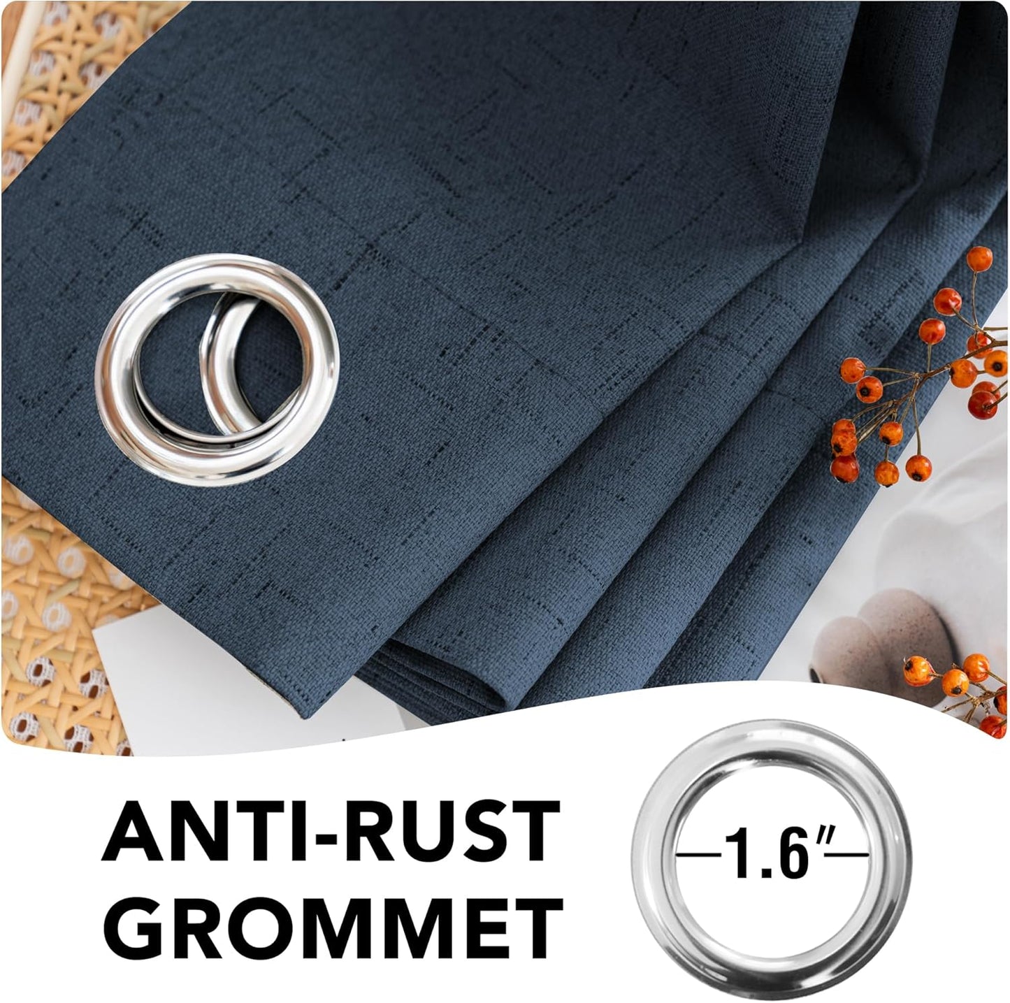 H.VERSAILTEX Linen Blackout Curtains 108 Inches Long 100% Absolutely Blackout Thermal Insulated Textured Linen Look Curtain Draperies Anti-Rust Grommet, Energy Saving with White Liner, 2 Panels, Navy