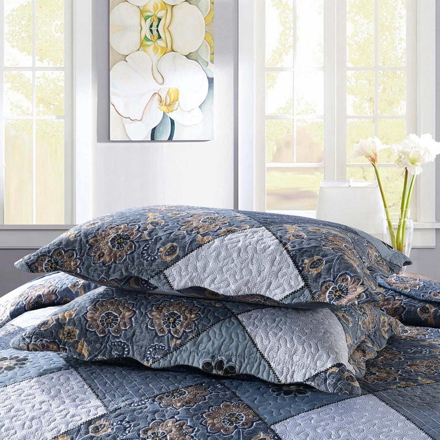 ENJOHOS Navy Blue Plaid Floral Quilt Set King Size 98"x106", 3 Pcs Boho Bedspread Coverlet Set for All Season, Patchwork Reversible Bedding Set King