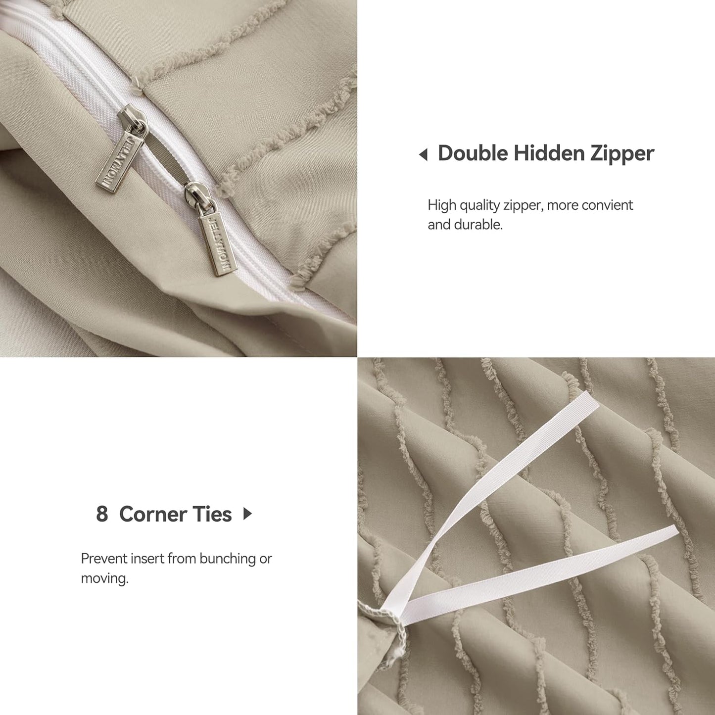 JELLYMONI Duvet Cover Queen Size Khaki - 3PCS Boho Striped Duvet Cover Set Polyester Tufted Bohemian Textured Comforter Cover 90×90in with Corner Ties & Zipper and 2 Pillowcases