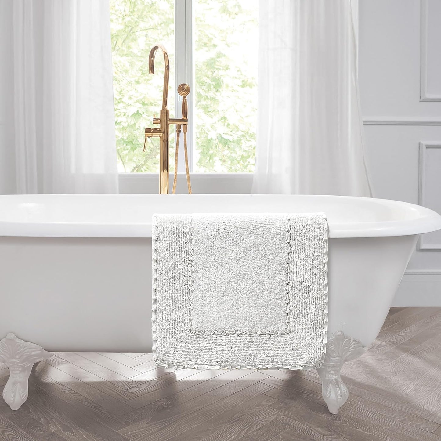 Laura Ashley Ruffle Border White 27"x 45" 100% Cotton Bath Rug