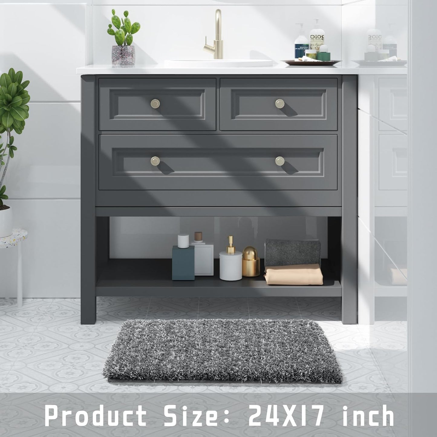 Yimobra Bathroom Rugs Non Slip Washable, Ultra Soft and Water Absorbent Bath Mats, Plush Fluffy Shower Mat Outside, Microfiber Thick Matts for Bathroom Floor/Sink, 24x17, Light Gray and Black Gray