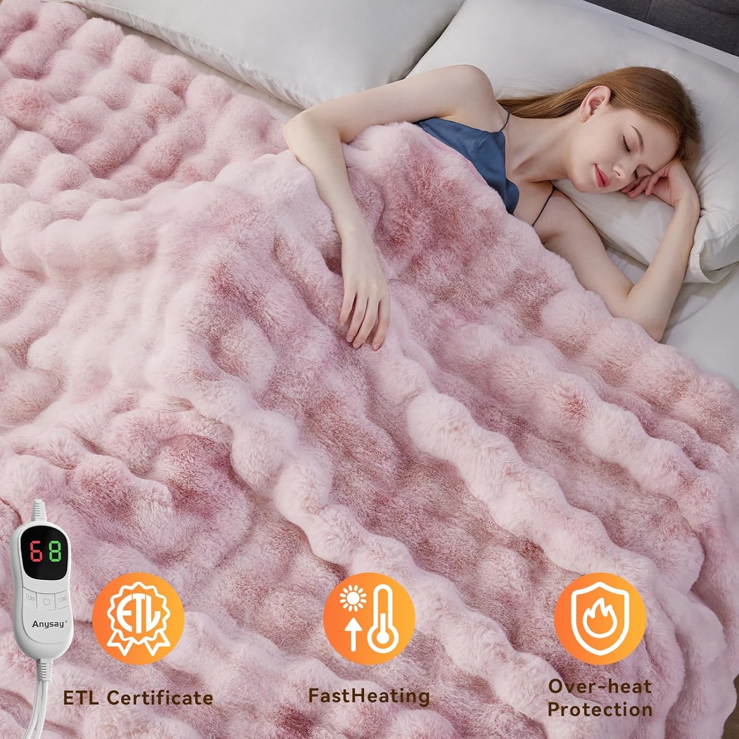 Heated Blanket Throw with 1/2/4/6/8 Hours Auto-Off 10 Heat Level, 50'' * 60'' Cozy Faux Rabbit Fur Bubble Electric Blanket with Overheat Protection(Tie-Dye Pink)