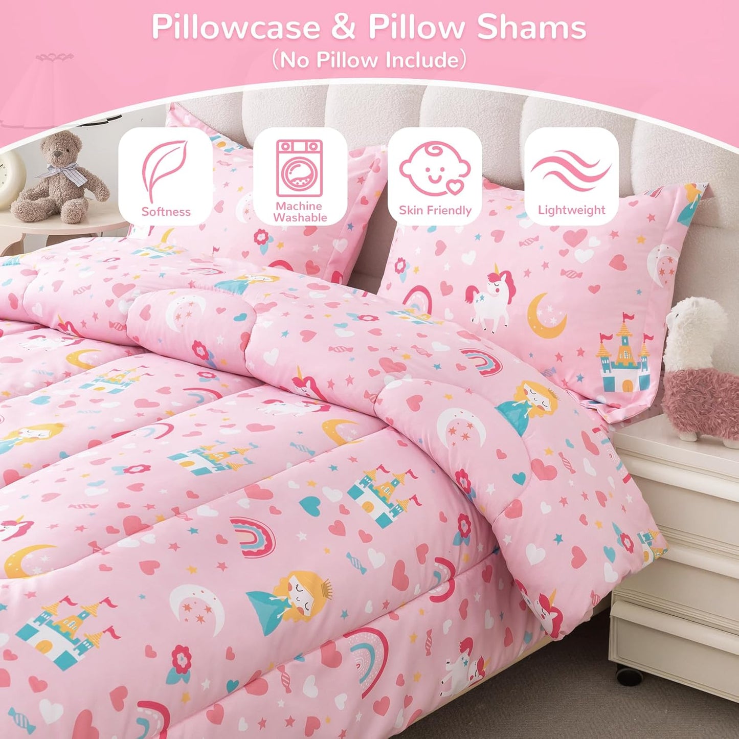 Viviland Kids Twin Bedding Sets for Girls, Soft Twin Comforter Set with Sheets, 5 Pieces Microfiber Bed in a Bag, Pink Castle Unicorn